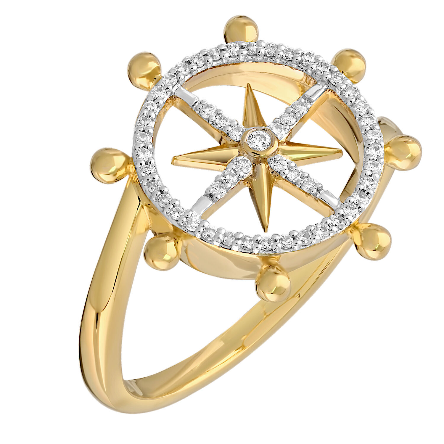 14K Yellow Gold Northern Star in Pave Frame Bypass Shoulders Diamond Ring 0.16 Ctw