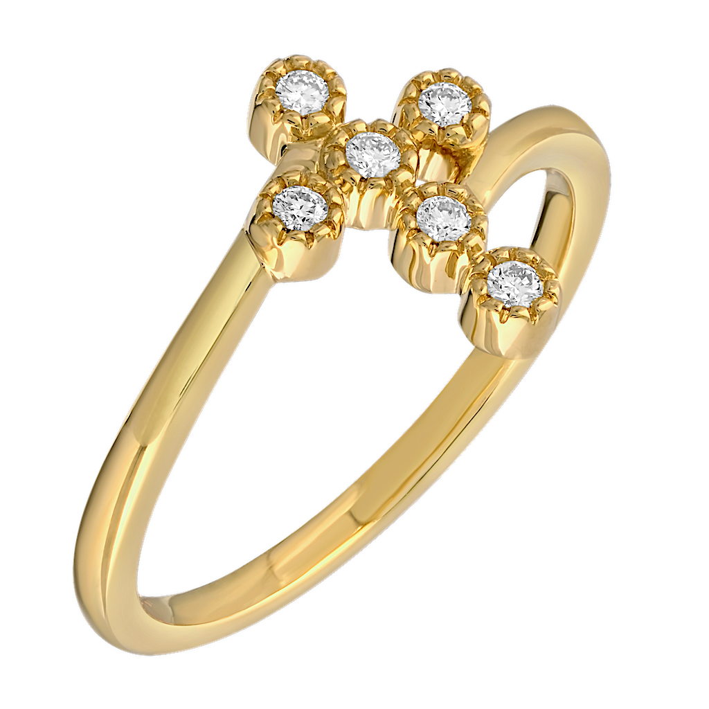 14K Yellow Gold Ring: 14KY Textured Bezel Cross Bypass Shank 6 Rd. 1/10 Ctw Diamond Ring 0.09 Ctw