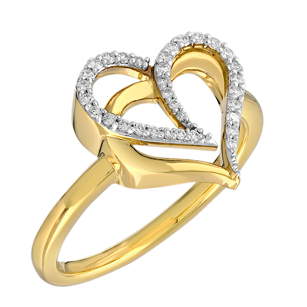 14K Yellow Gold Interlocked Hearts, One Pave, One Polished Diamond Ring 0.16 Ctw