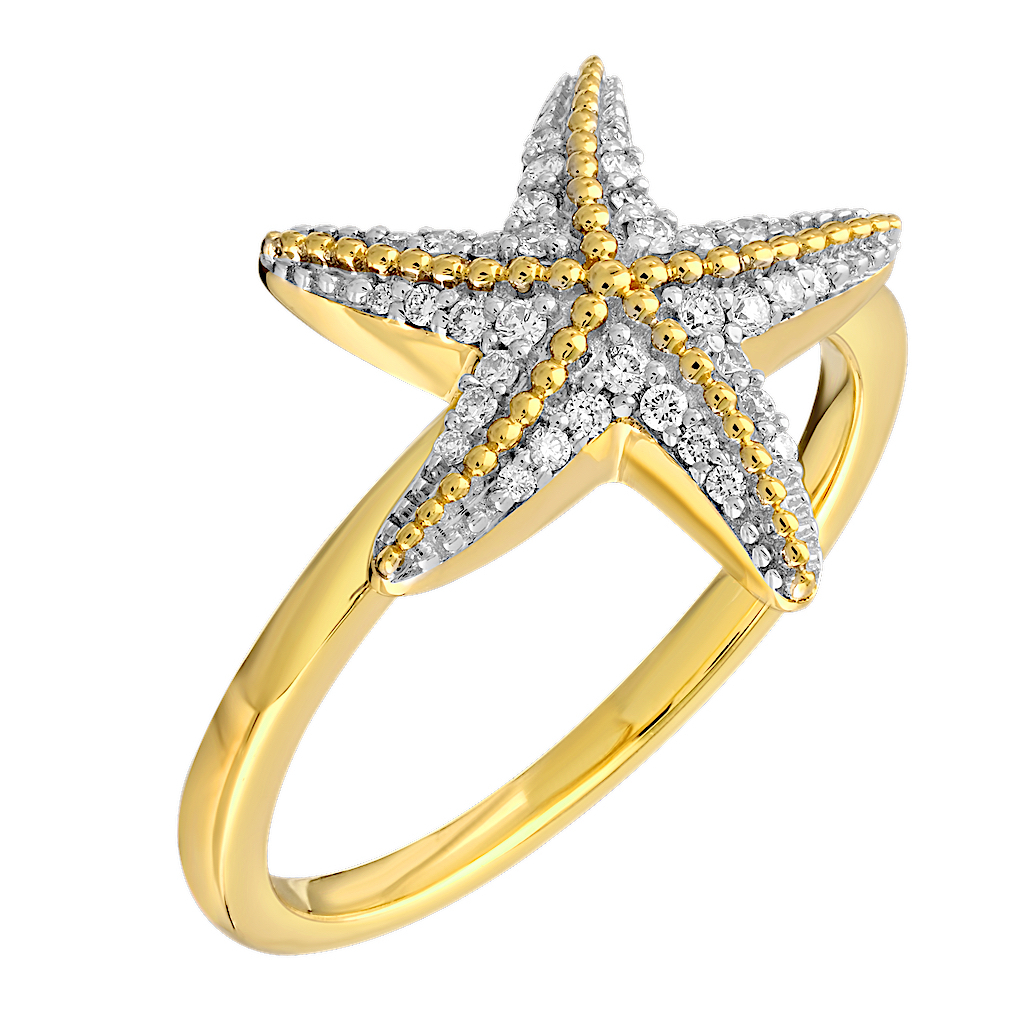 Oceanity&trade; 14K Two Tone Ring Pave Starfish Beaded Center Plain Shank Diamond 0.15 Ctw