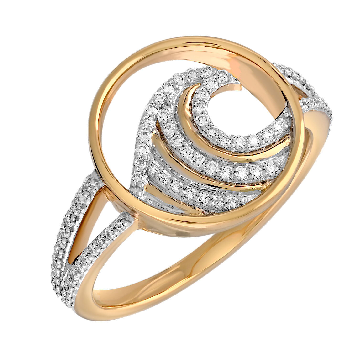 Oceanity&trade; 14K Yellow Gold Ring Circle with Wave Polished & Pave Split Shank Diamond 0.25 Ctw