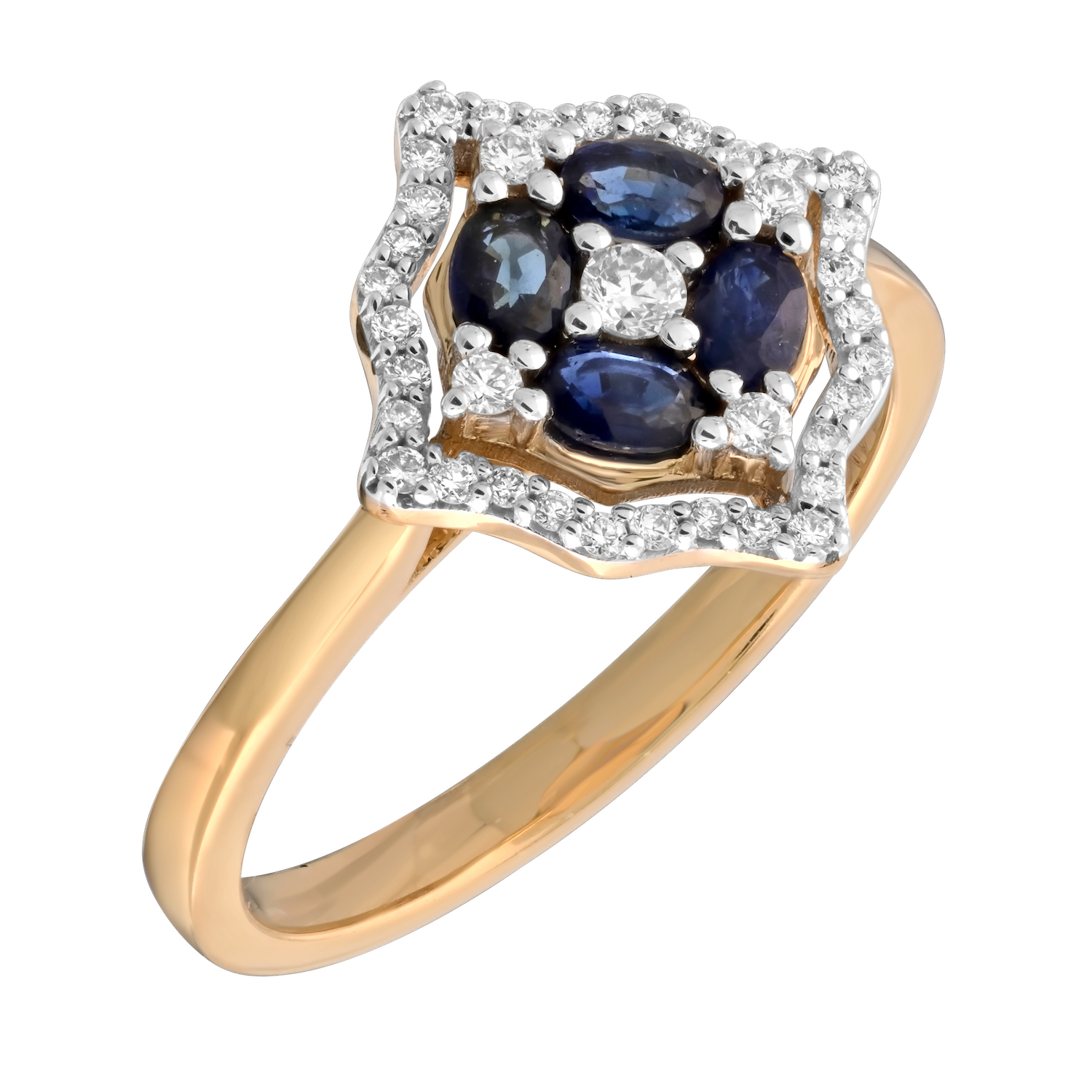 Majestic Gems&trade; 14k Yellow Gold Oval Sapp with Diamond Halo Plain Shank Blue Sapphire & Diamond 0.58 Ctw