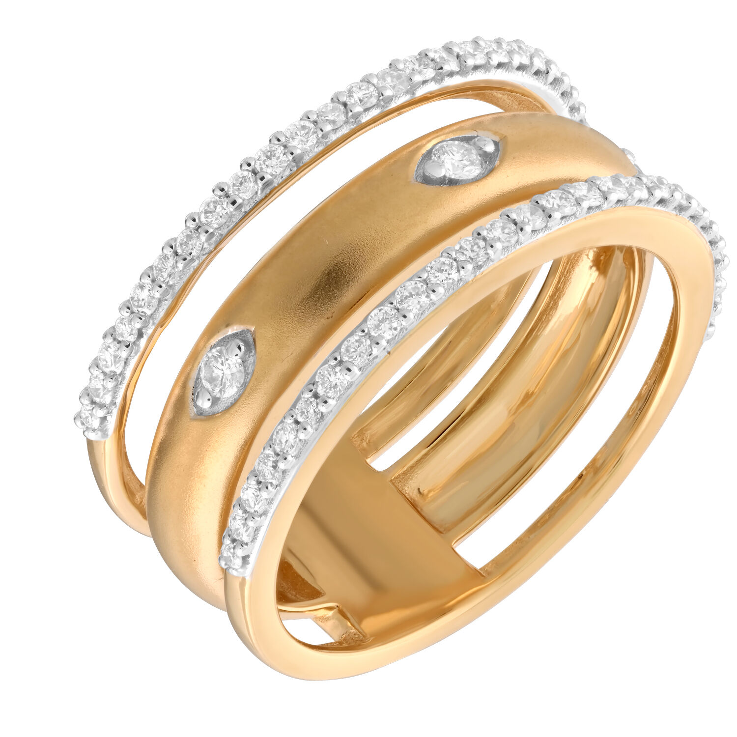 14K Yellow Gold Marquise Shape Center with Round Diamond Pave Outside Rails Diamond Ring 0.33 Ctw