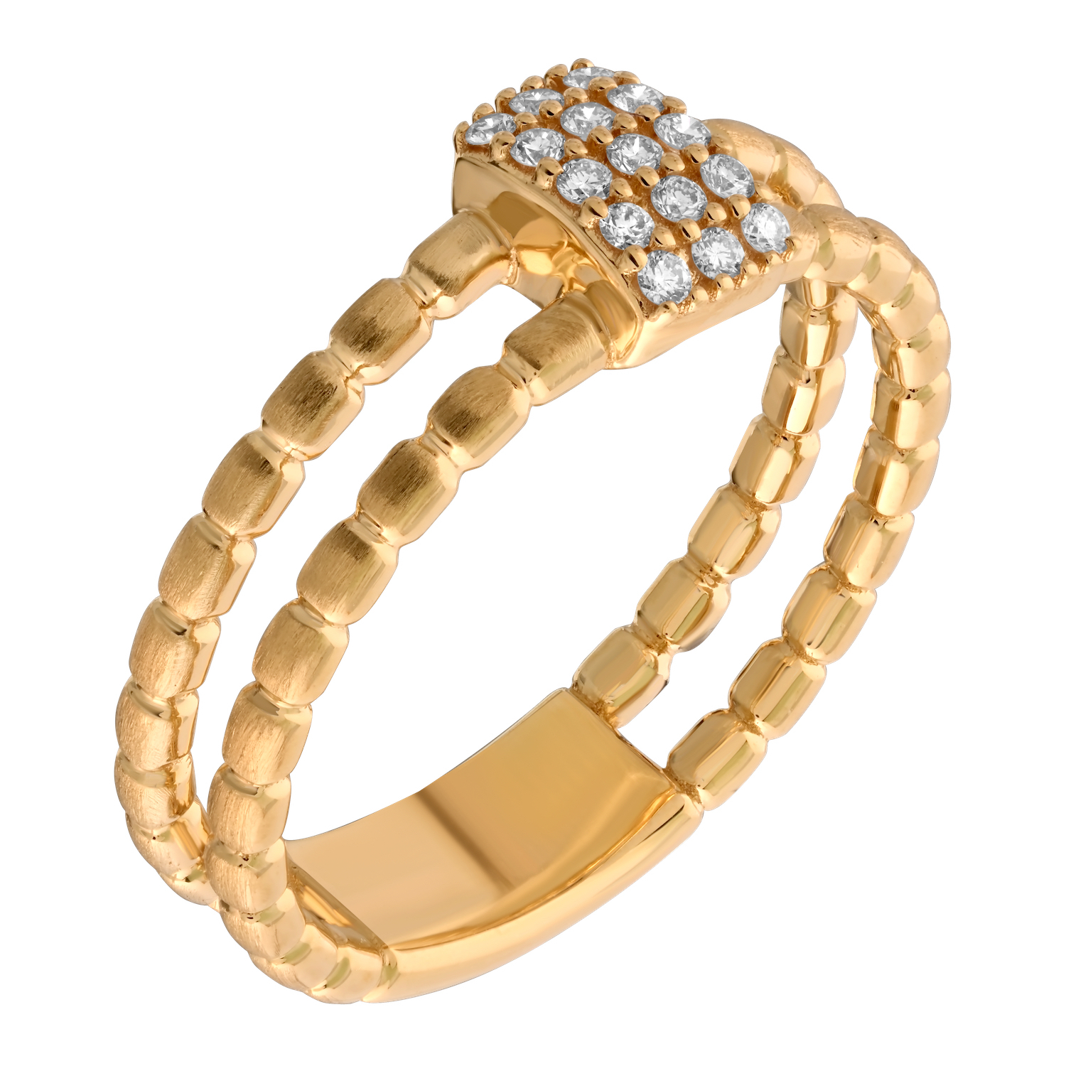 14K Yellow Gold 2 Rows Beaded with Emerald Shape Pave Center Diamond Ring 0.11 Ctw