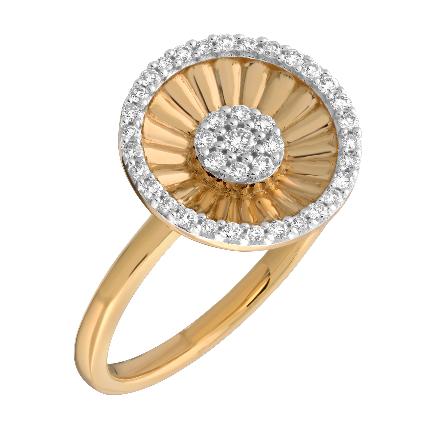 14K Yellow Gold Round Shape Fluted with Diamond Halo & Cluster Center Diamond Ring 0.25 Ctw