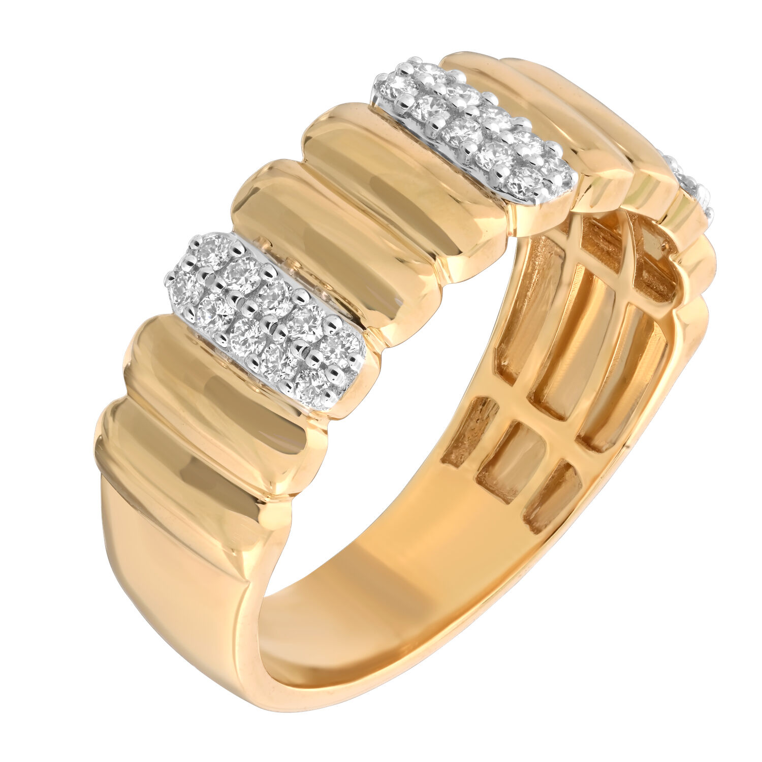 14K Yellow Gold Alternating Polished & Pave Sections Diamond Ring 0.21 Ctw