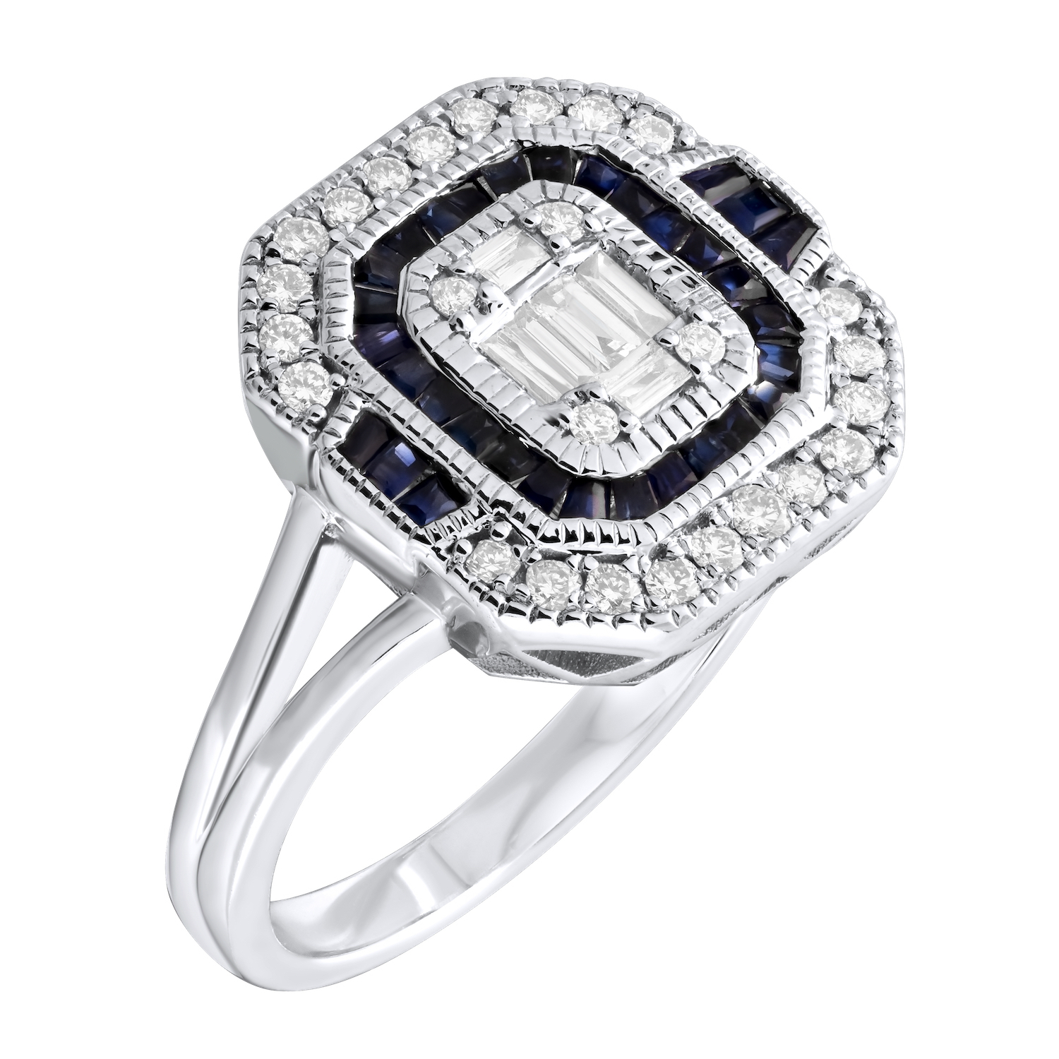 Vintage Treasures&trade; 14k White Gold Art Deco Style Emerald Shape Baguette & Rounds Ring Diamond & Blue Sapphire 0.54 Ctw