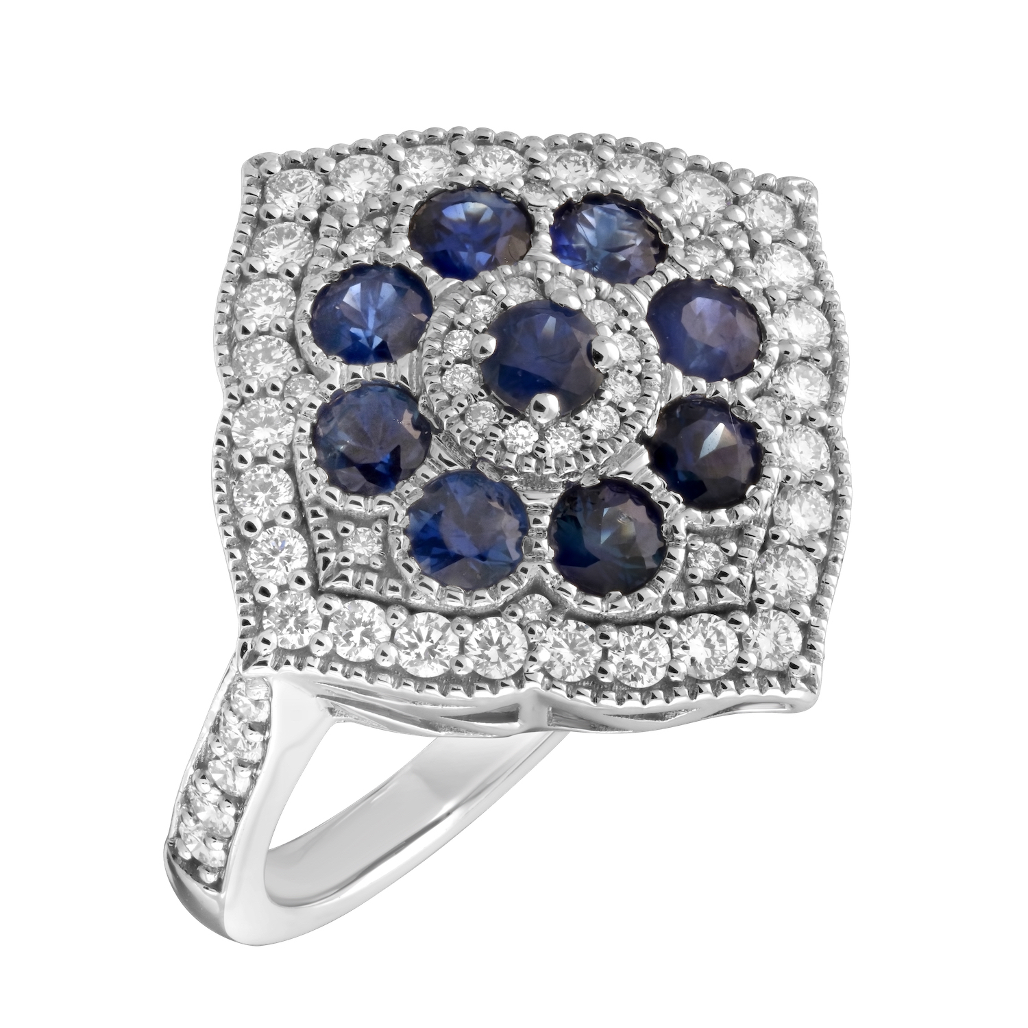 Vintage Treasures&trade; 14k White Gold Offset Square Sapphire & Diamond Halo Ring Diamond & Blue Sapphire 1.32 Ctw