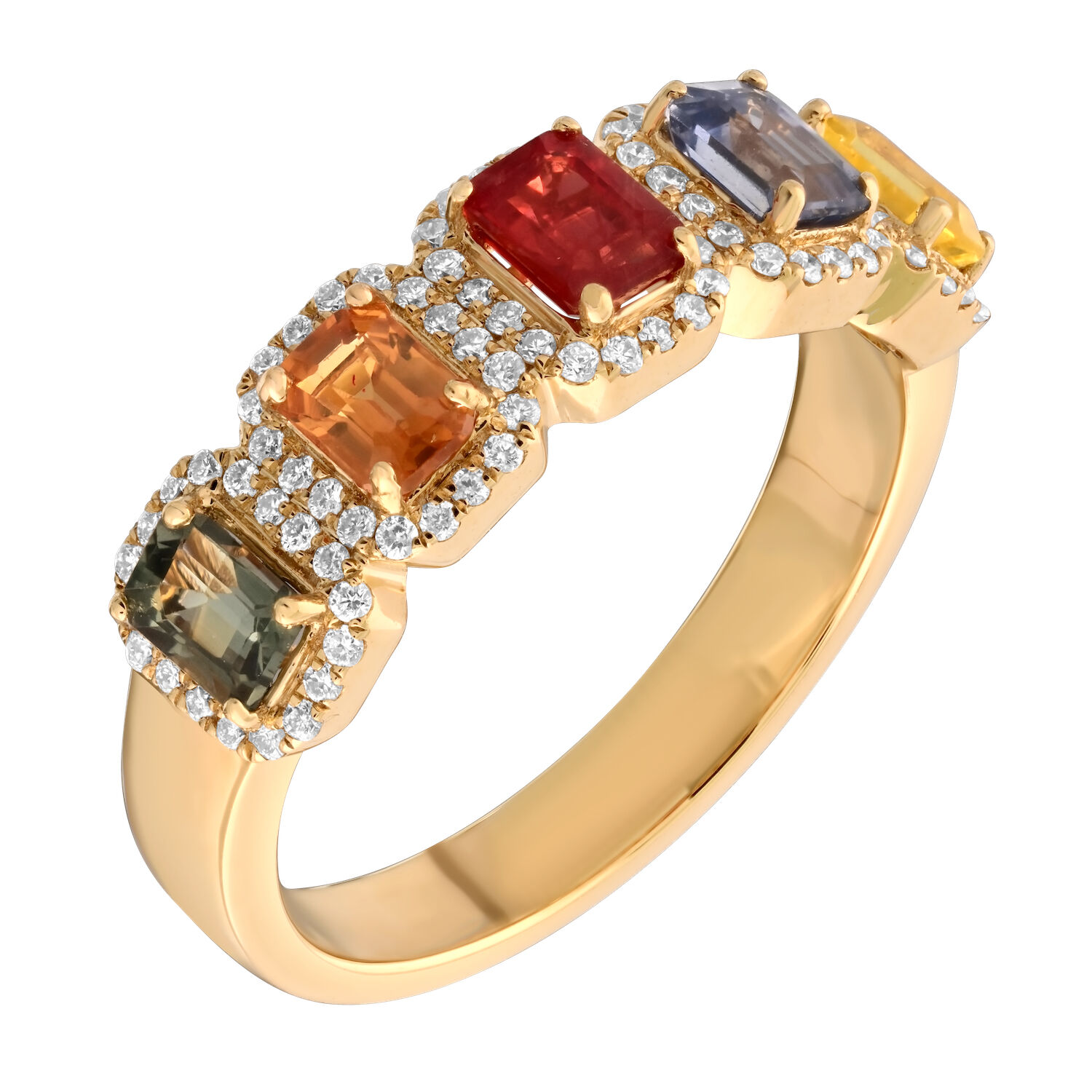 Majestic Gems&trade; 14k Yellow Gold Emerald Cut Multi Colored Sapphire w/Diamond Halo's Multi Sapphire & Diamond 1.22 Ctw