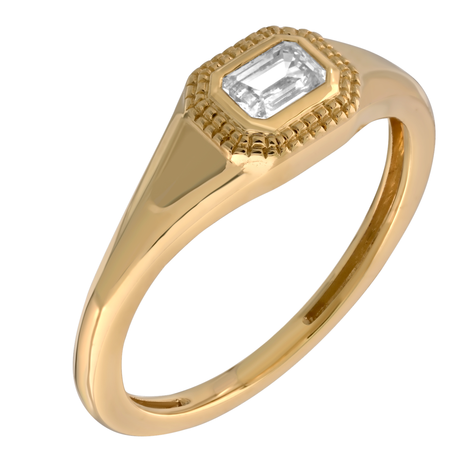 14K Yellow Gold Horizontal Bezel Set Emerald Cut Reverse Taper Shoulders Diamond Ring 0.25 Ctw