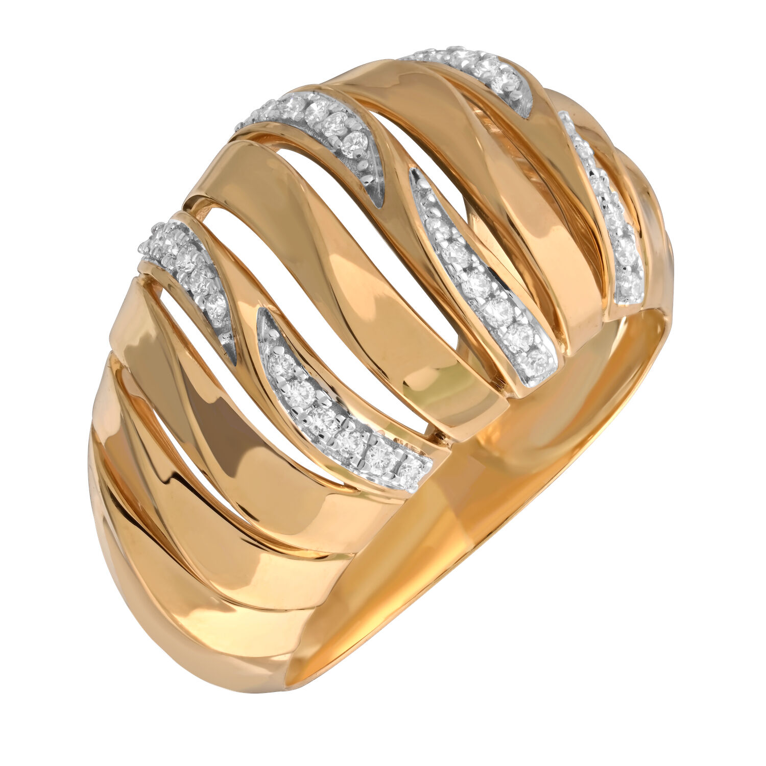 14K Yellow Gold Domed with Lines of Pave and Polished Diamond Ring 0.15 Ctw