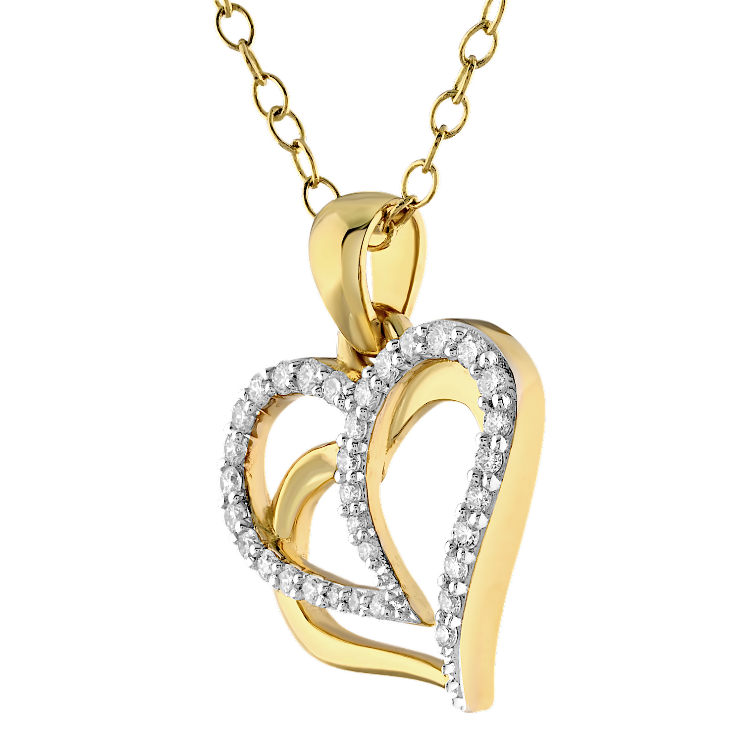 14K Yellow Gold Interlocked Hearts One Pave, One Polished Diamond Pendant 0.16 Ctw