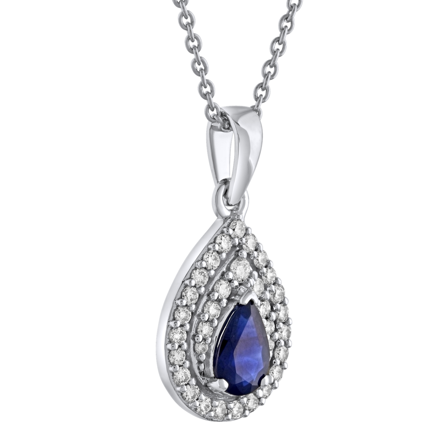 Majestic Gems&trade; 14k White Gold Pear Shape Sapphire Double Halo Blue Sapphire & Diamond 0.70 Ctw