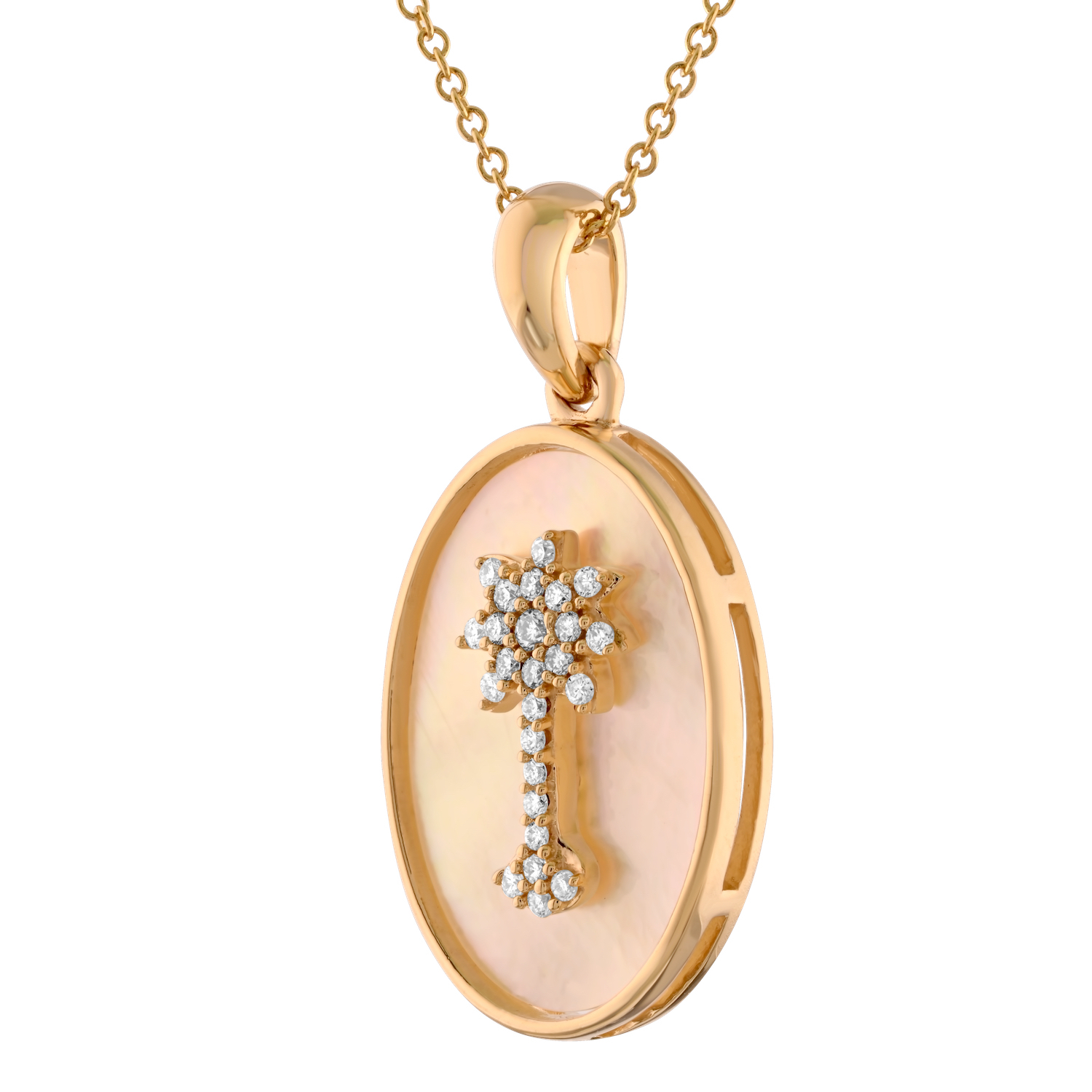 Oceanity&trade; 14K Yellow Gold Pendant Pave Palm Tree Inlaid in Mother of Pearl Oval Diamond 0.13 Ctw