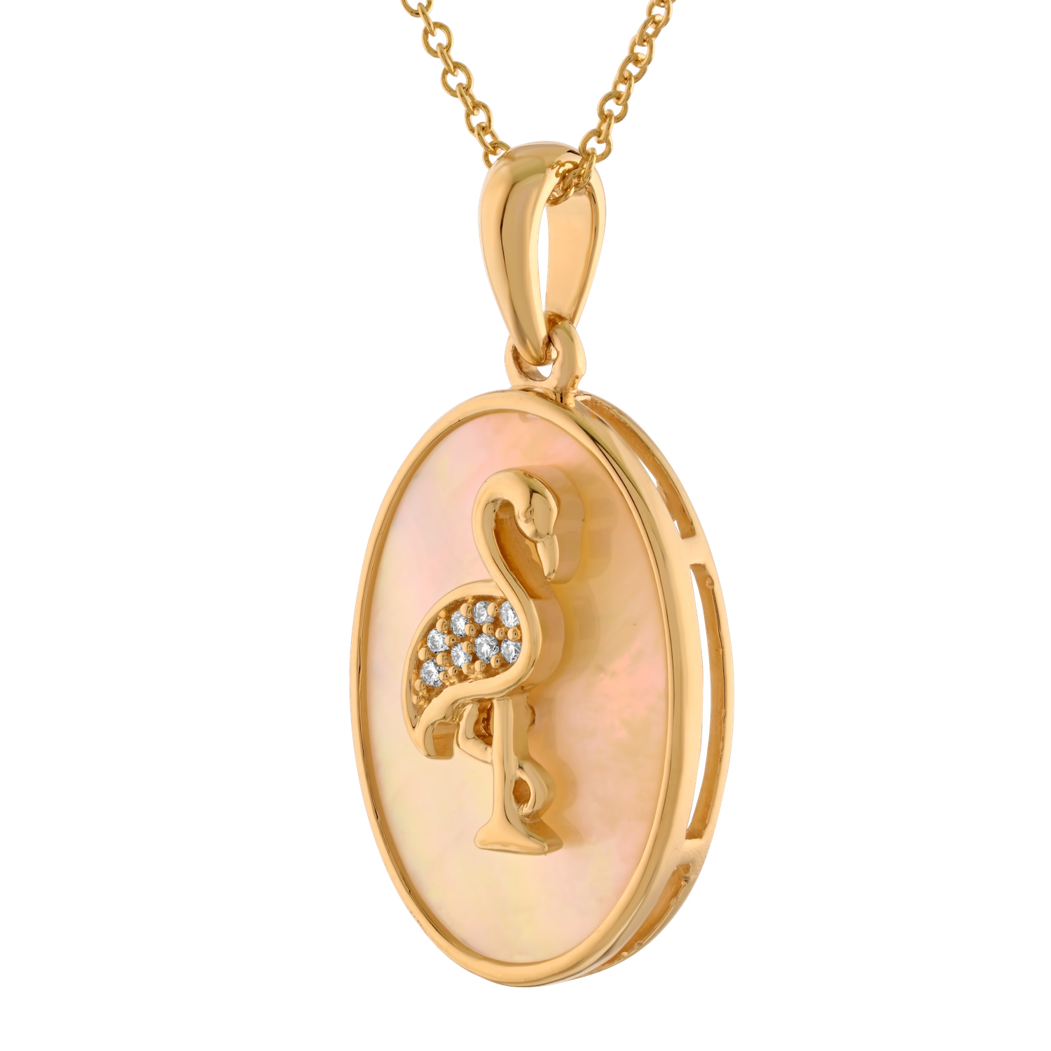 Oceanity&trade; 14K Yellow Gold Pendant Pave Flamingo Inlaid in Mother of Pearl Oval Diamond 0.03 Ctw