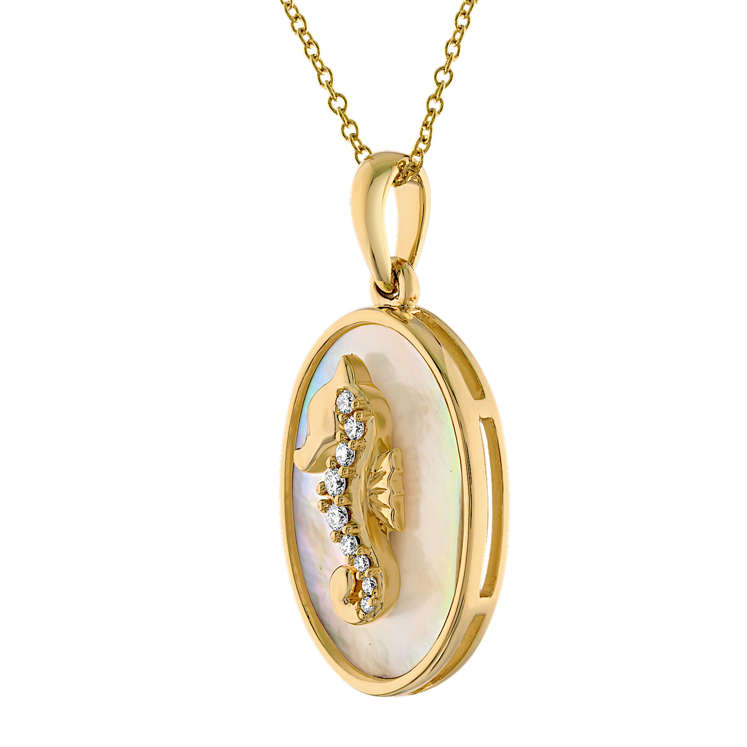 Oceanity&trade; 14K Yellow Gold Pendant Seahorse Inlaid in Mother of Pearl Oval Diamond 0.08 Ctw