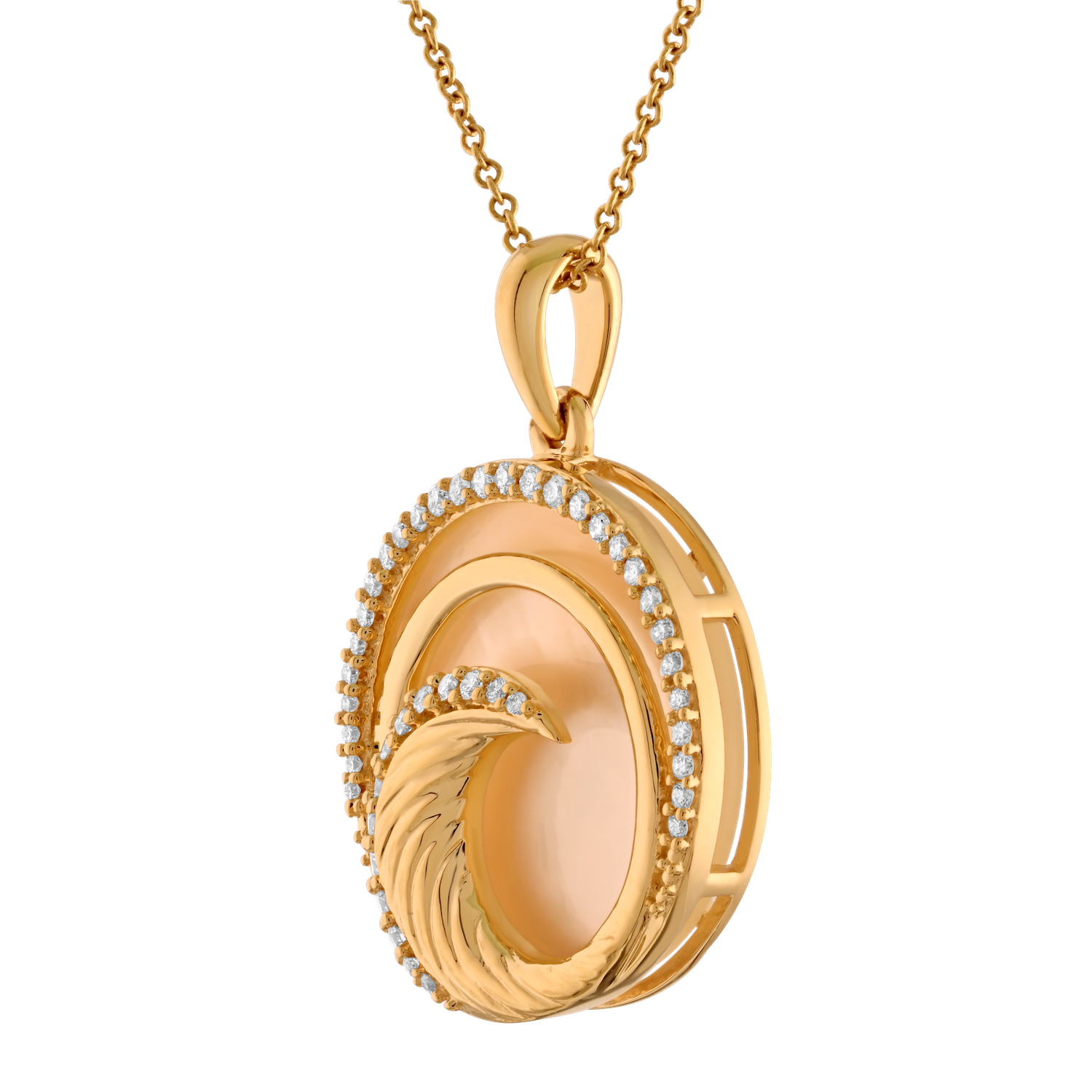 Oceanity&trade; 14K Yellow Gold Pendant Wave Inlaid in Mother of Pearl Round Diamond 0.24 Ctw