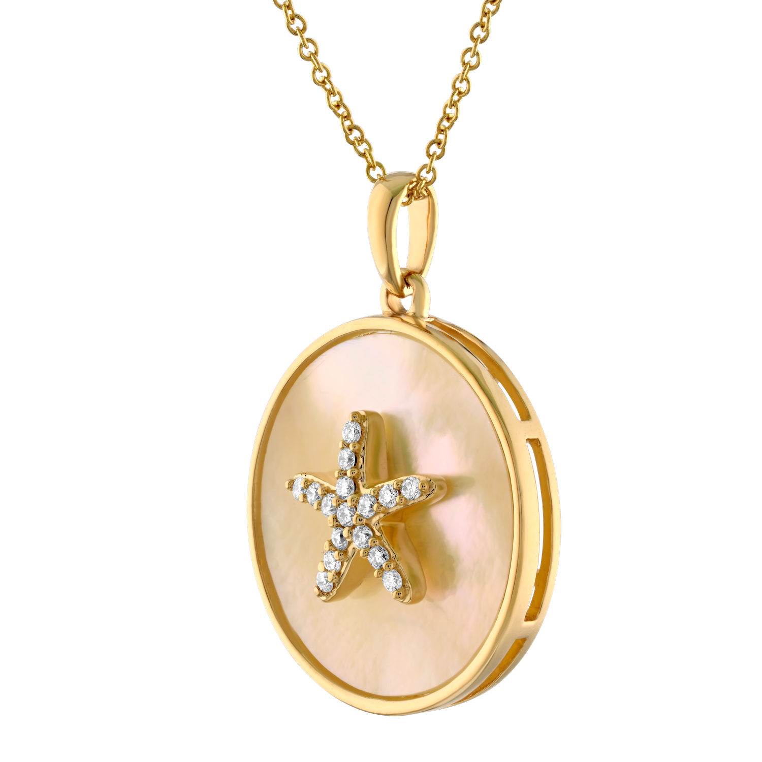 Oceanity&trade; 14K Yellow Gold Pendant Pave Starfish Inlaid in Mother of Pearl Round Diamond 0.10 Ctw