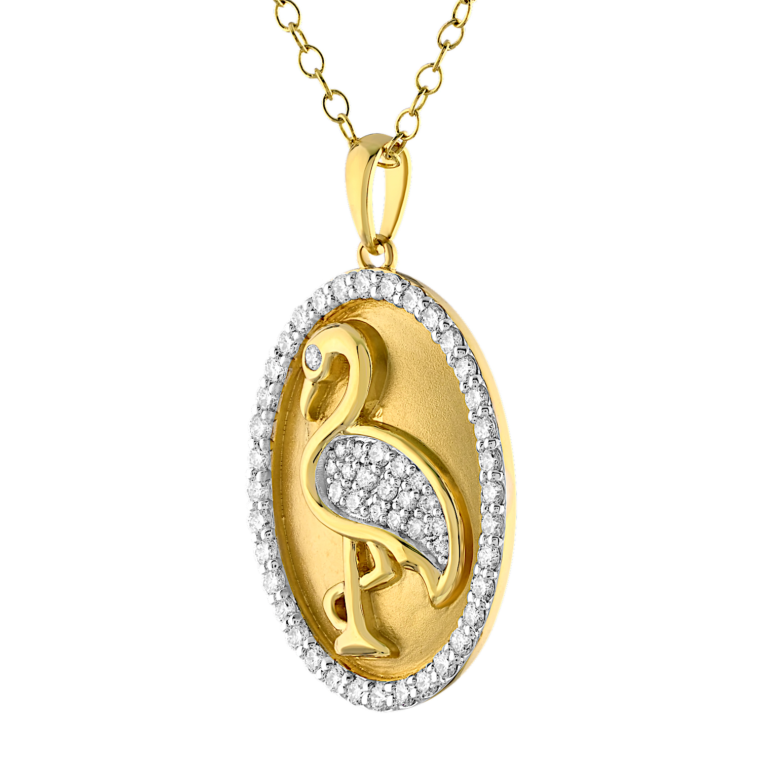 Oceanity&trade; 14K Yellow Gold Pendant Oval with Pave Flamingo & Edge Diamond 0.50 Ctw