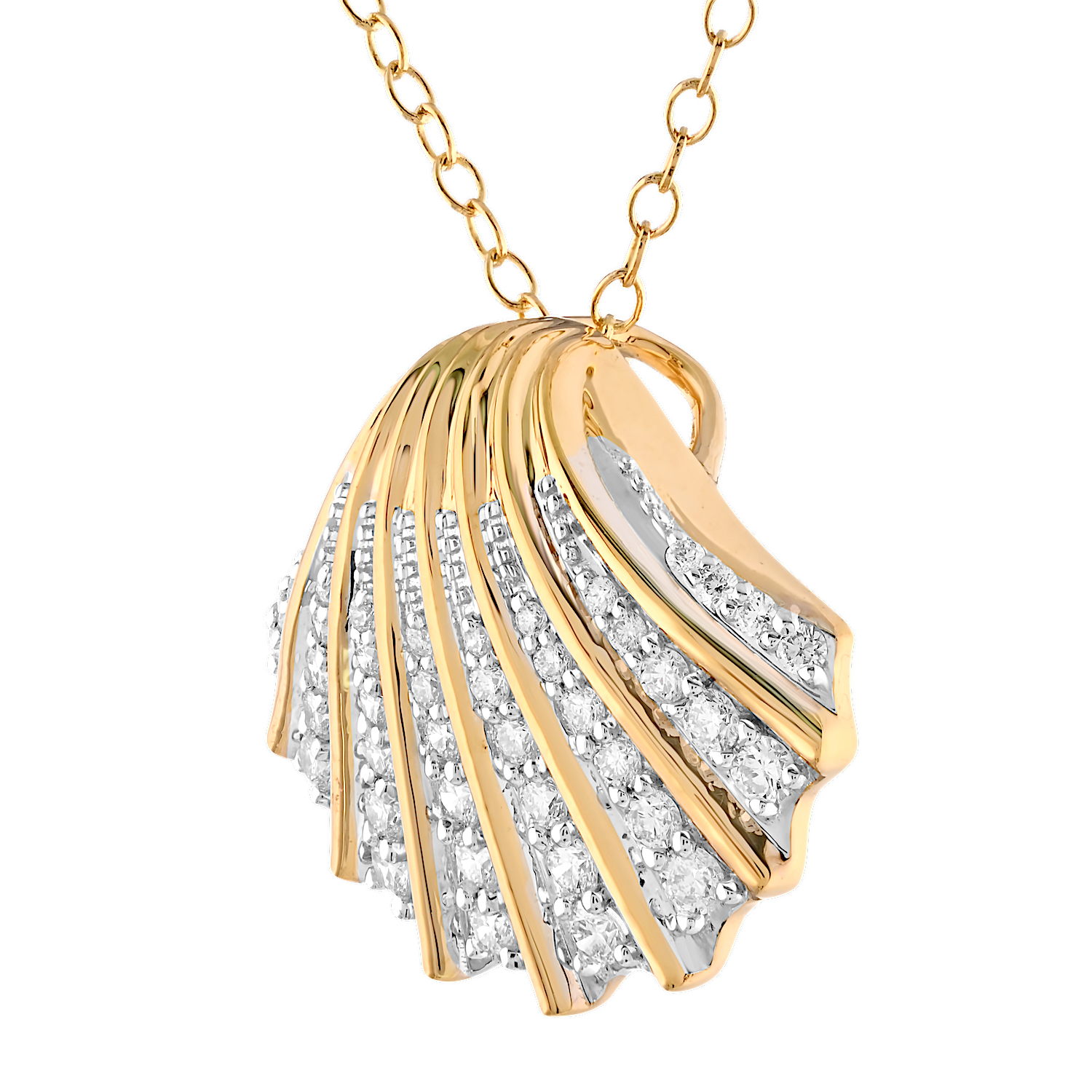 Oceanity&trade; 14K Yellow Gold Pendant Scallop Shell with Pave Between Ribs Hidden Bail Diamond 0.38 Ctw