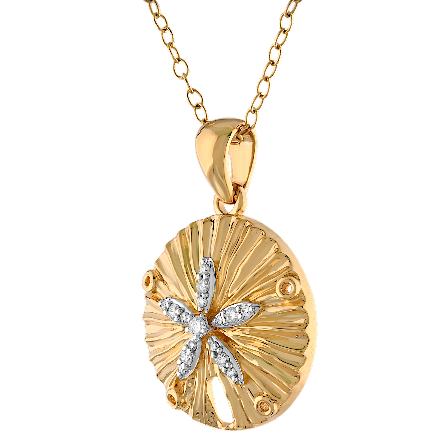 Oceanity&trade; 14K Yellow Gold Pendant Textured Sand Dollar Pave Center Diamond 0.10 Ctw