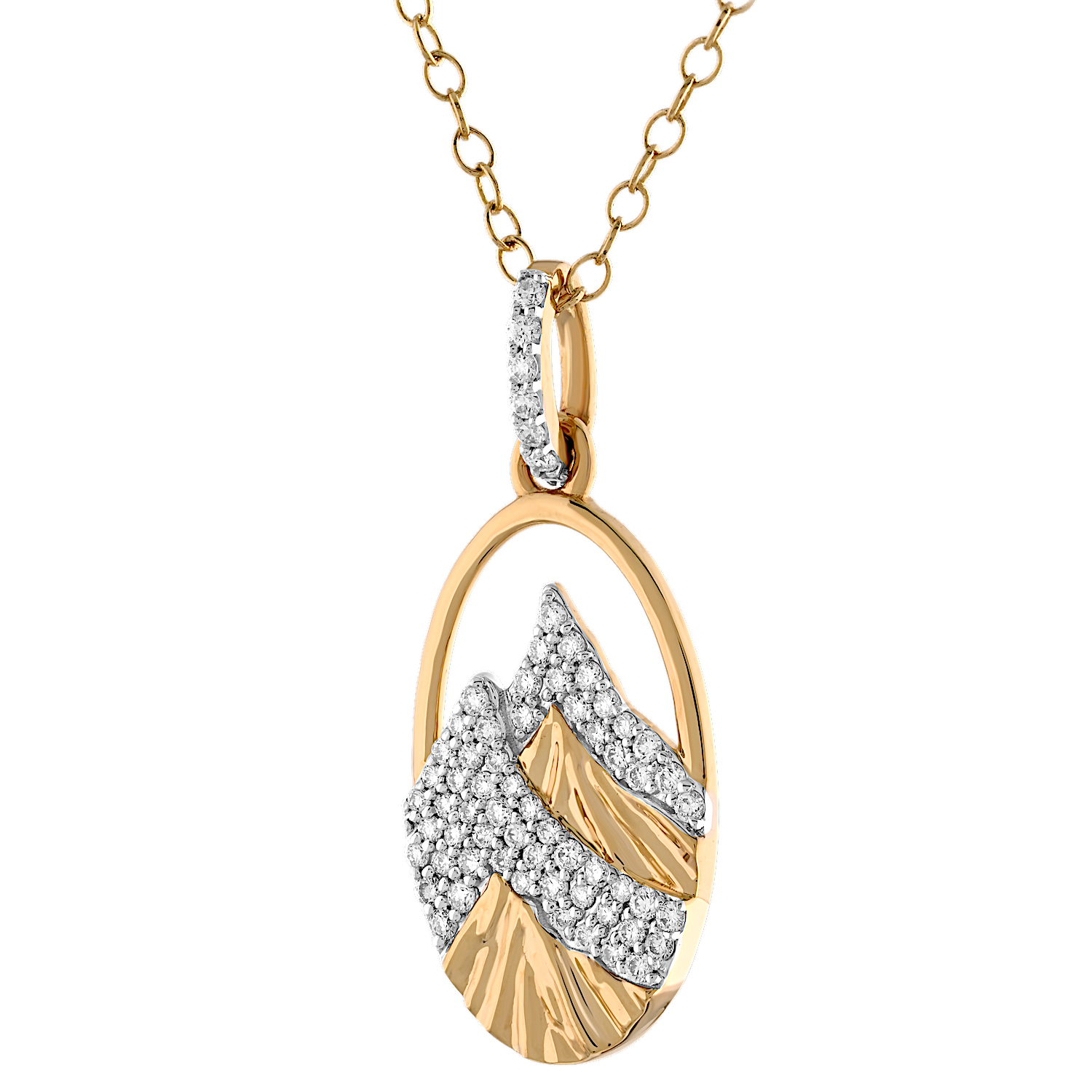 Diamond Peak&trade; 14K Yellow Gold Pendant Oval with Pave & Textured Mountains Diamond 0.25 Ctw