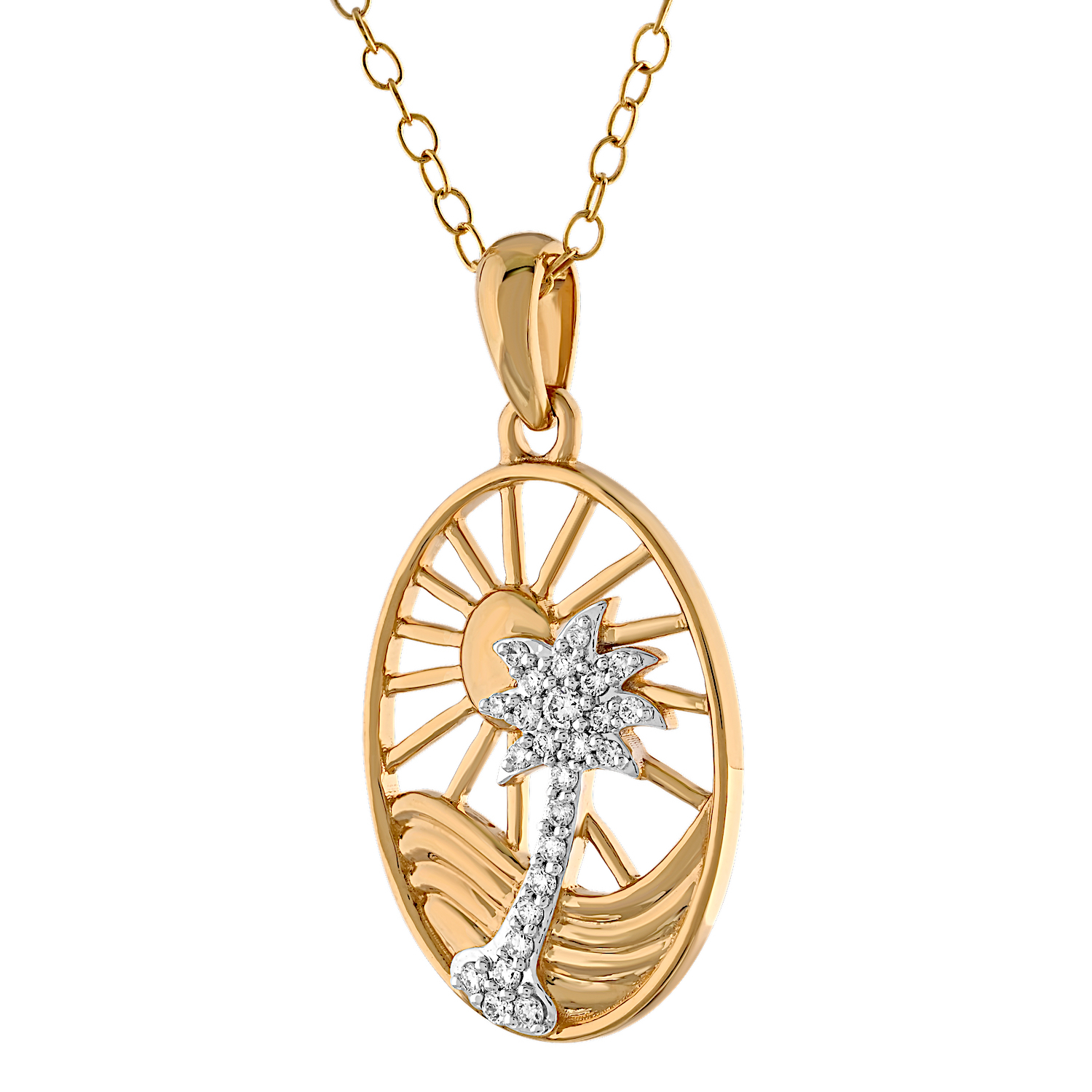 Oceanity&trade; 14K Two Tone Pendant Cutout Sun Rays with Pave Palm Tree Overlay Diamond 0.13 Ctw