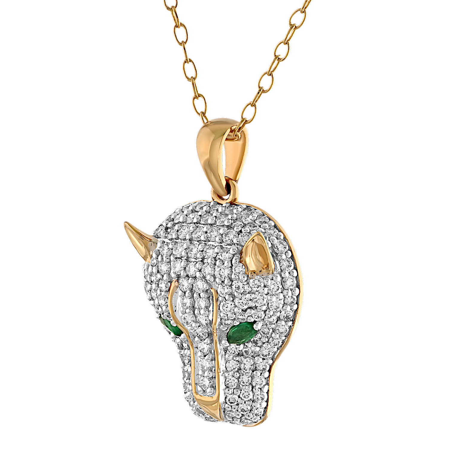 ZooLightful&trade; 14K Yellow Gold Pave Set Puma Head Emerald Eyes Pendant Diamond 1.23 Ctw