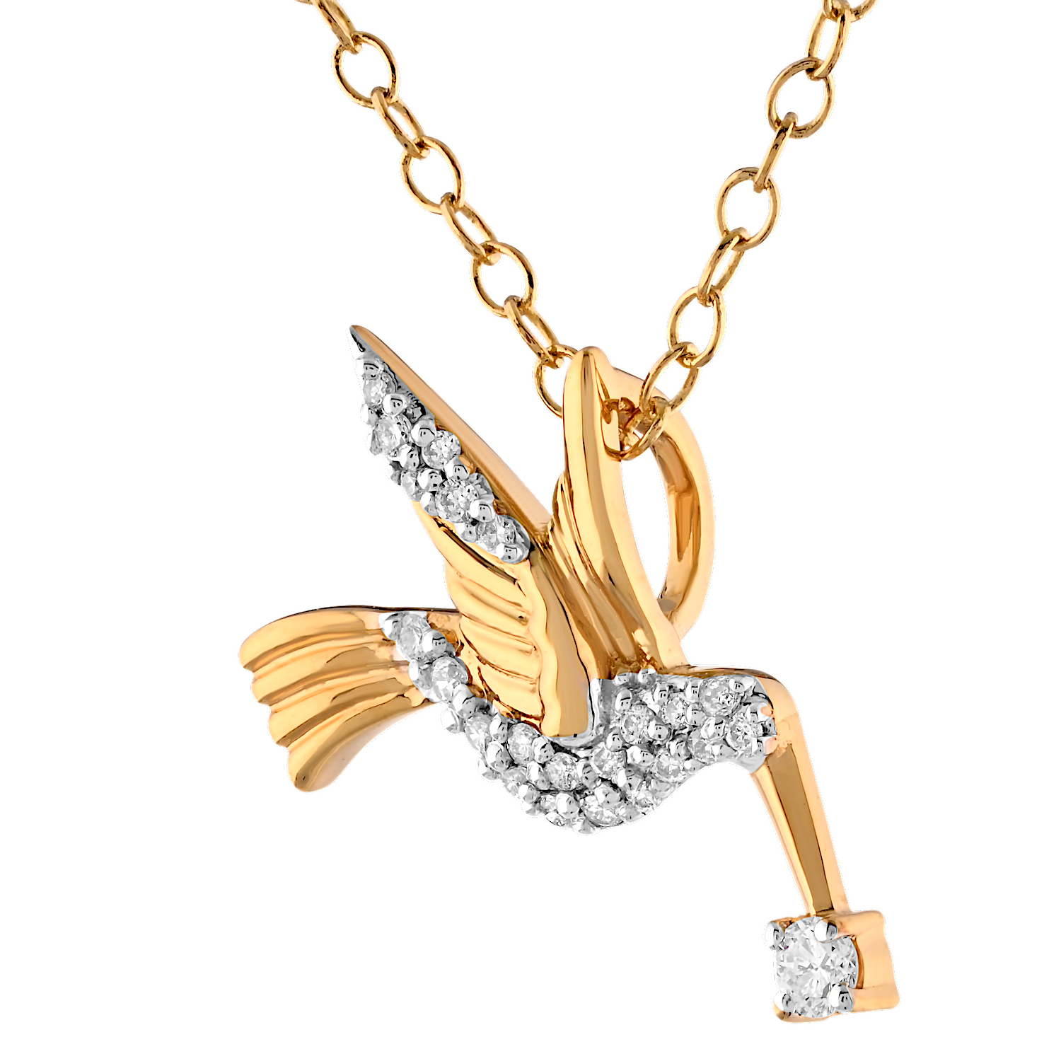 ZooLightful&trade; 14K Yellow Gold Pave Hummingbird with Prong Set Diamond in Beak Pendant Diamond 0.10 Ctw