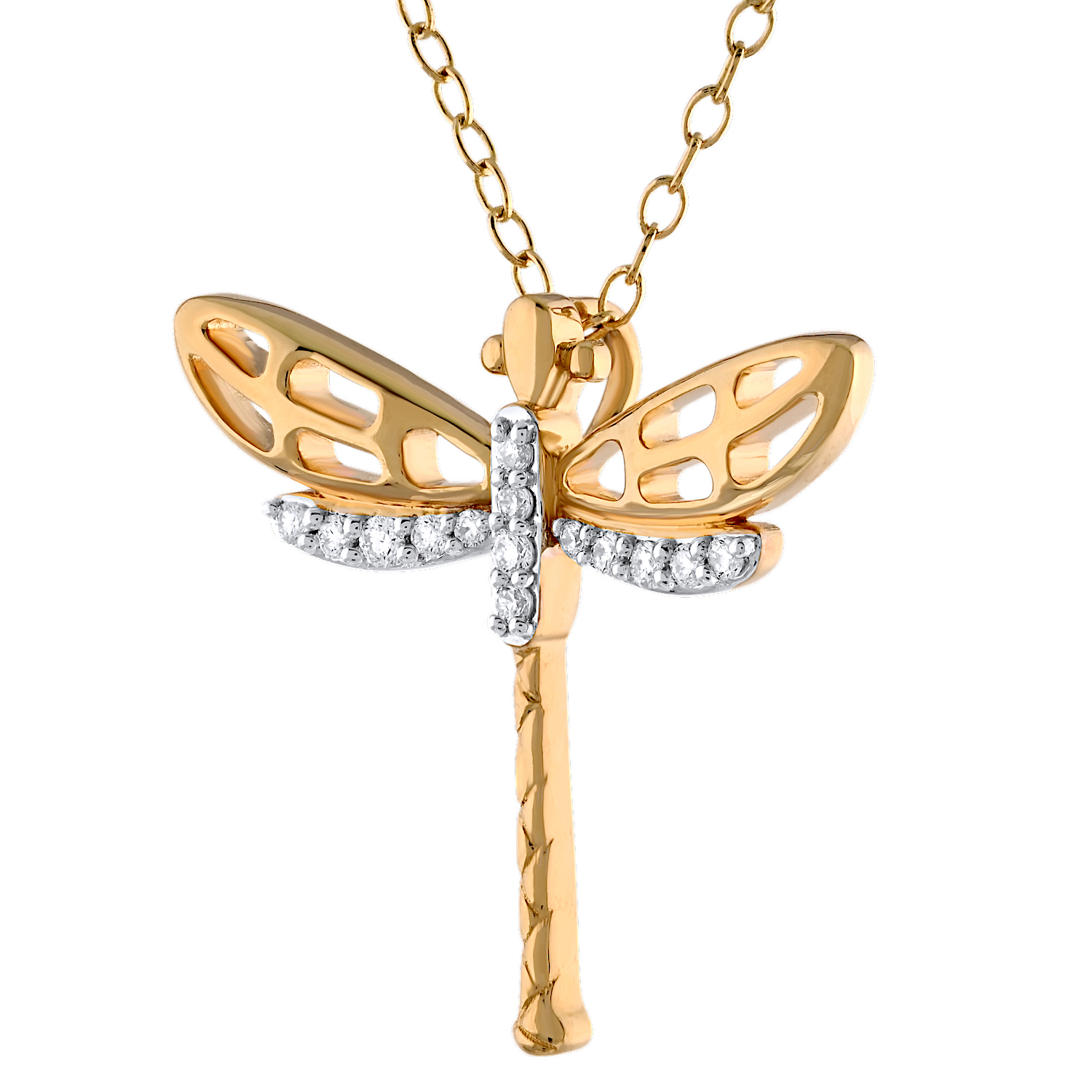 ZooLightful&trade; 14K Yellow Gold Dragonfly with Filigree Wings Necklace Diamond 0.10 Ctw