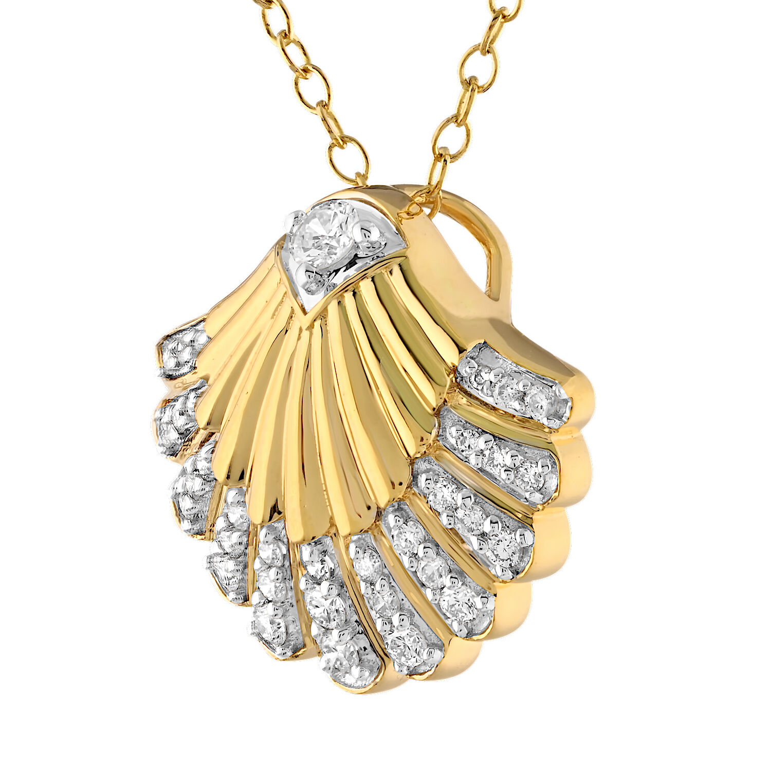 Oceanity&trade; 14K Yellow Gold Pendant Shell with Pave Tips Hidden Bail Diamond 0.28 Ctw
