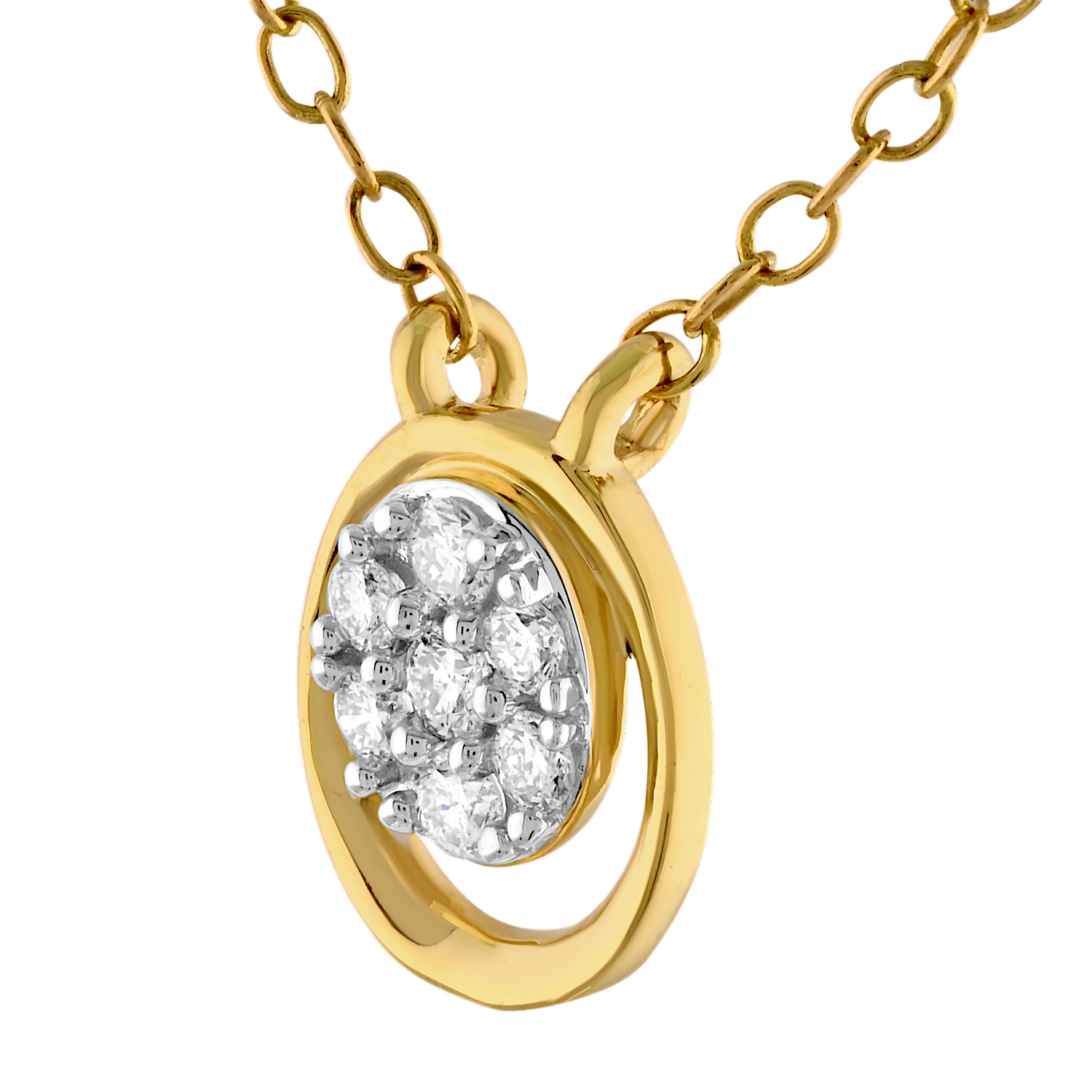 10K Yellow Gold Oval Shape Pave Inside Polished Frame Diamond Necklace 0.10 Ctw