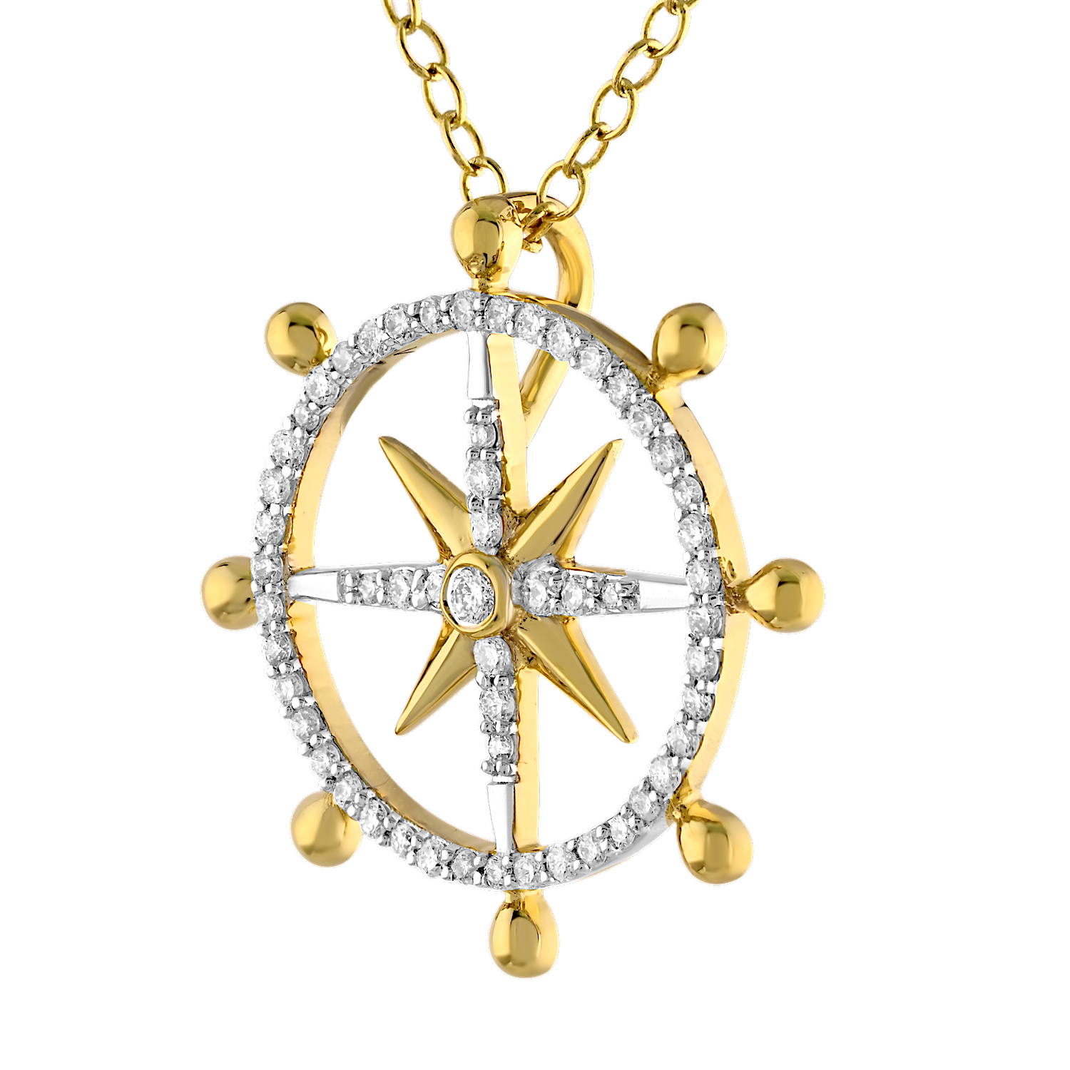 14K Yellow Gold Northern Star in Pave Circle Diamond Pendant 0.23 Ctw