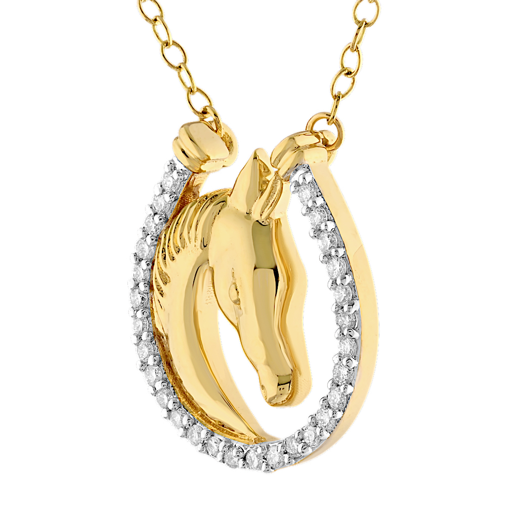 ZooLightful&trade; 14K Yellow Gold Horse Head in Pave Horseshoe Pendant Diamond 0.20 Ctw