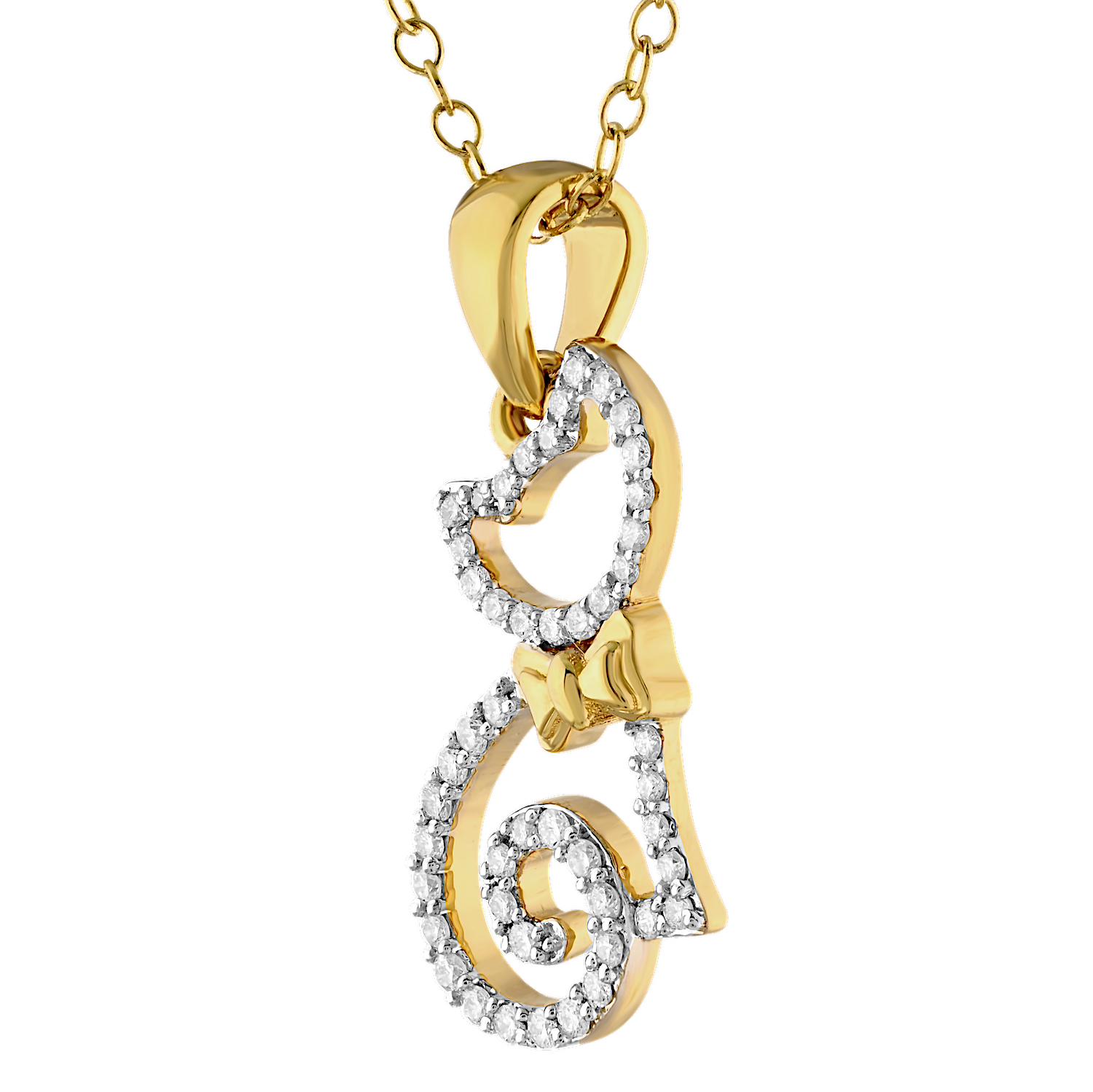 ZooLightful&trade; 14K Yellow Gold Cutout Cat Pave Body & Head Polished Bowtie Pendant Diamond 0.20 Ctw
