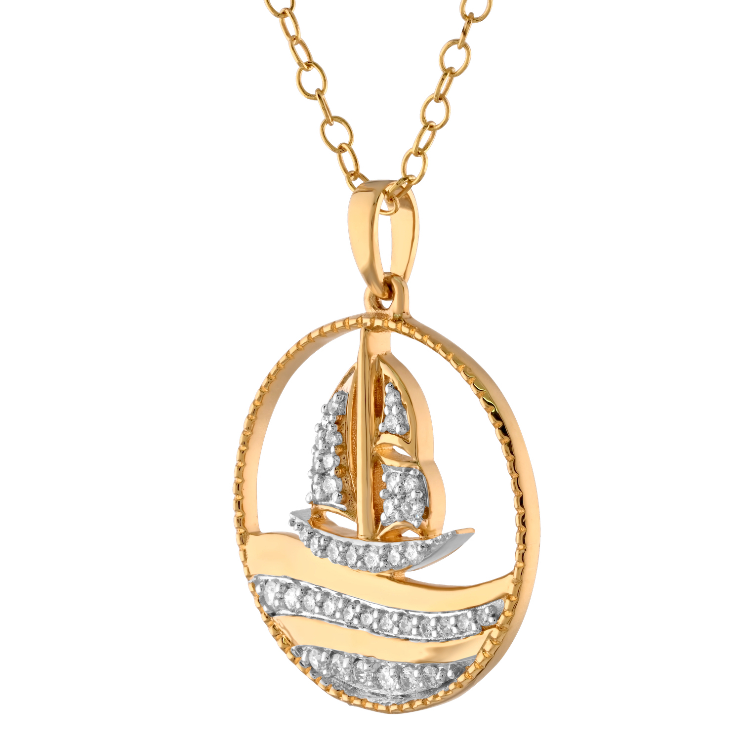 BluSea&trade; 14K Yellow Gold Pendant Pave Sailing Ship on Wave in Round Beaded Frame Diamond 0.20 Ctw
