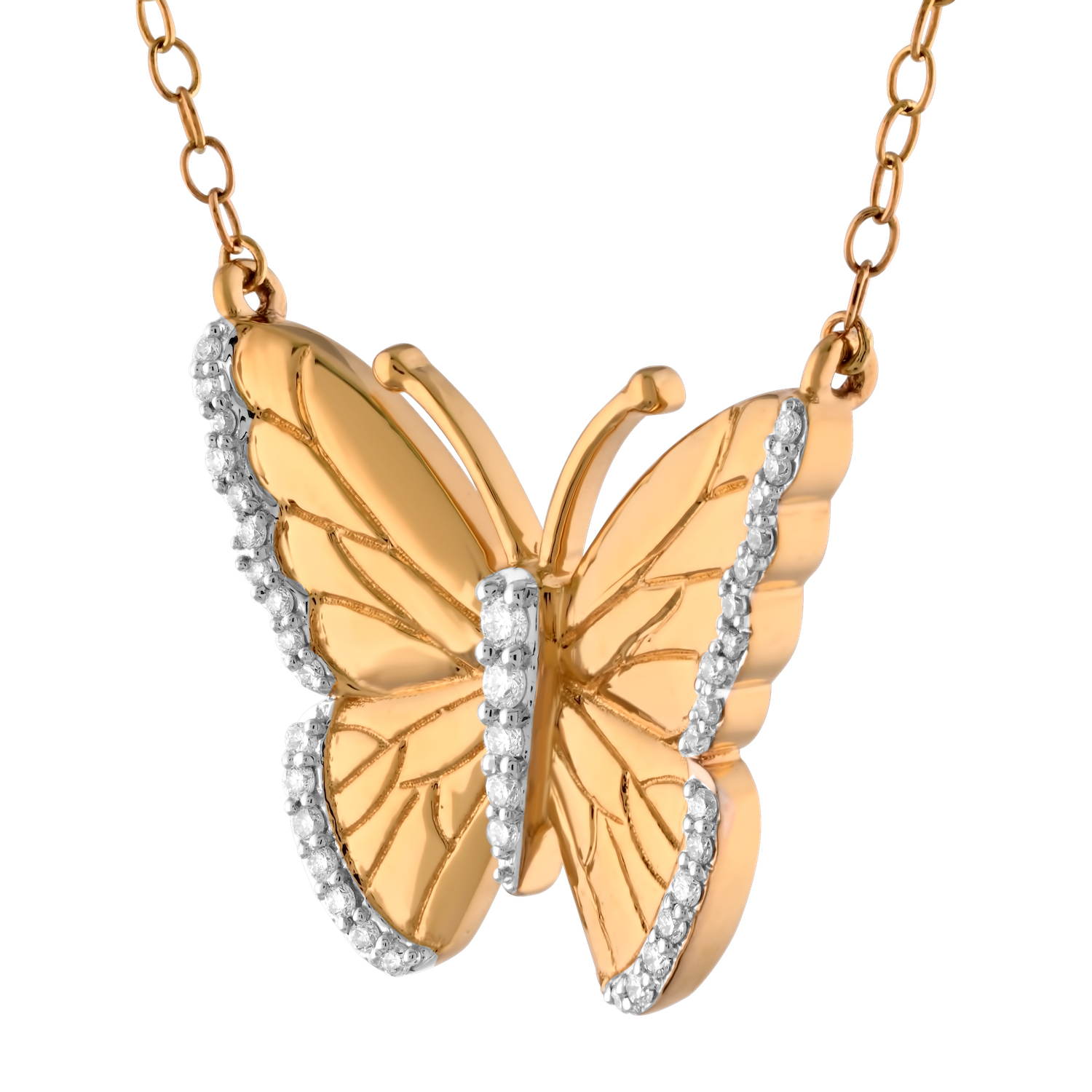 ZooLightful&trade; 14K Yellow Gold Etched Butterfly with Pave Wing Tips & Body Necklace Diamond 0.15 Ctw