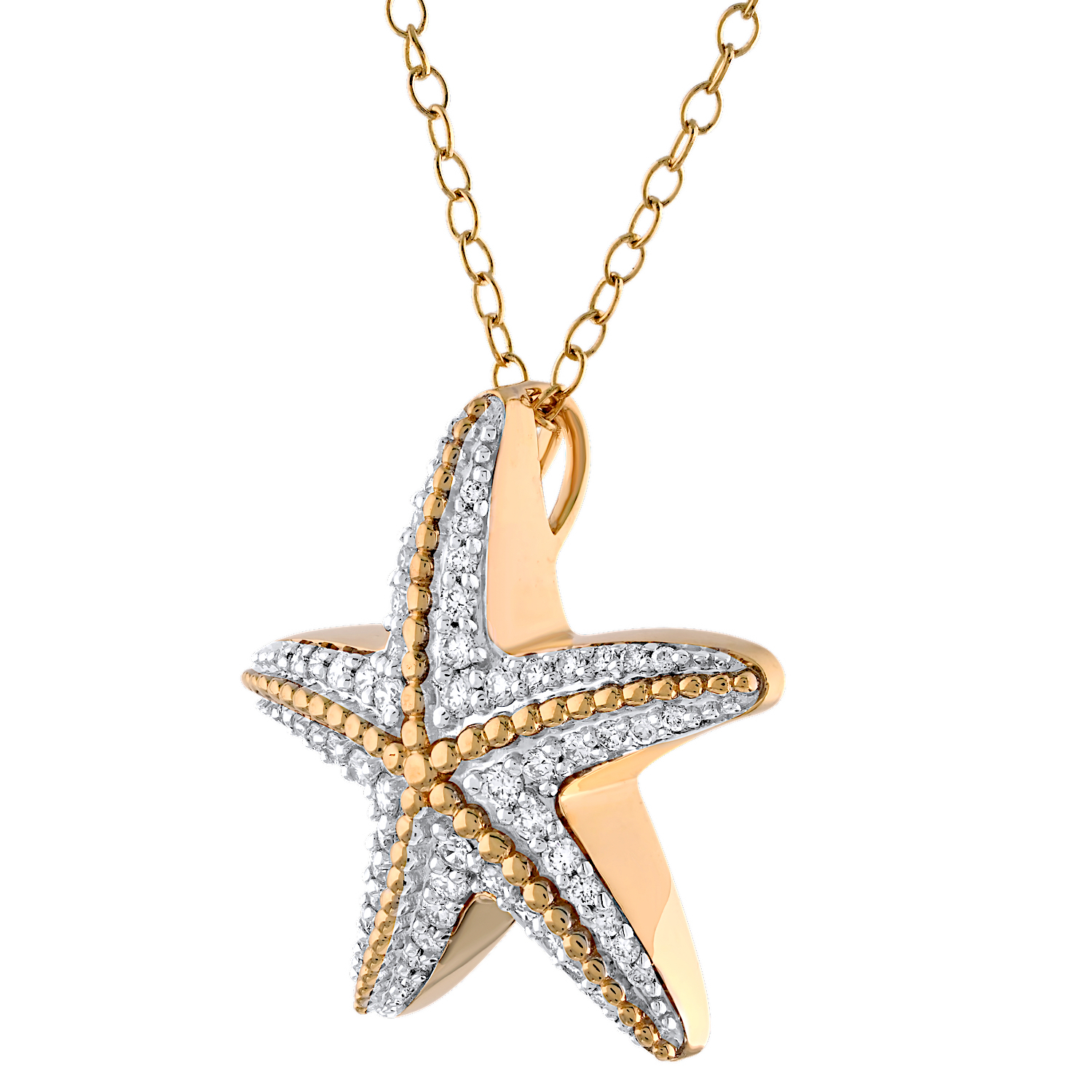 Oceanity&trade; 14K Two Tone Pendant Pave Starfish Beaded Center Hidden Bail Diamond 0.32 Ctw