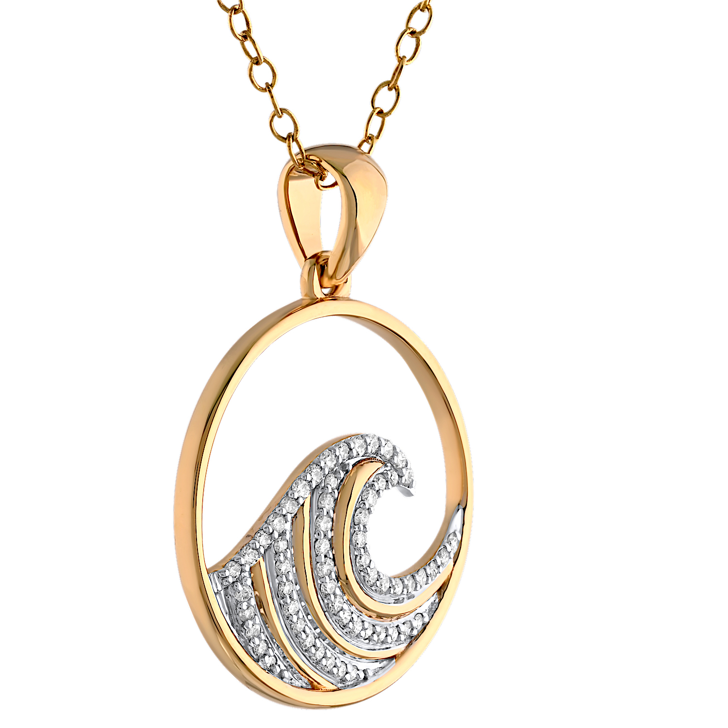 Oceanity&trade; 14K Yellow Gold Pendant Circle with Wave Polished & Pave Diamond 0.23 Ctw
