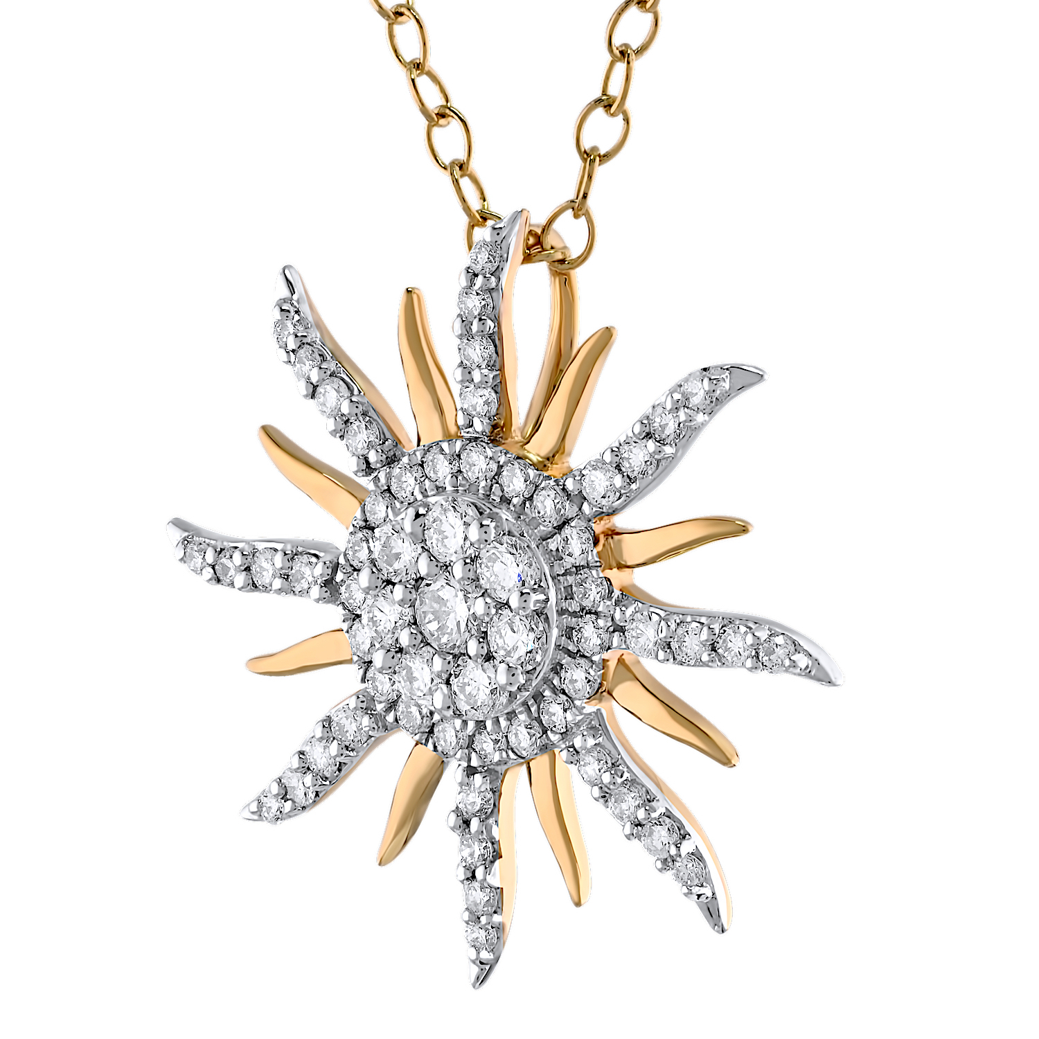14K Yellow Gold Pave Sun Cluster Center Hidden Bail Diamond Pendant 0.32 Ctw