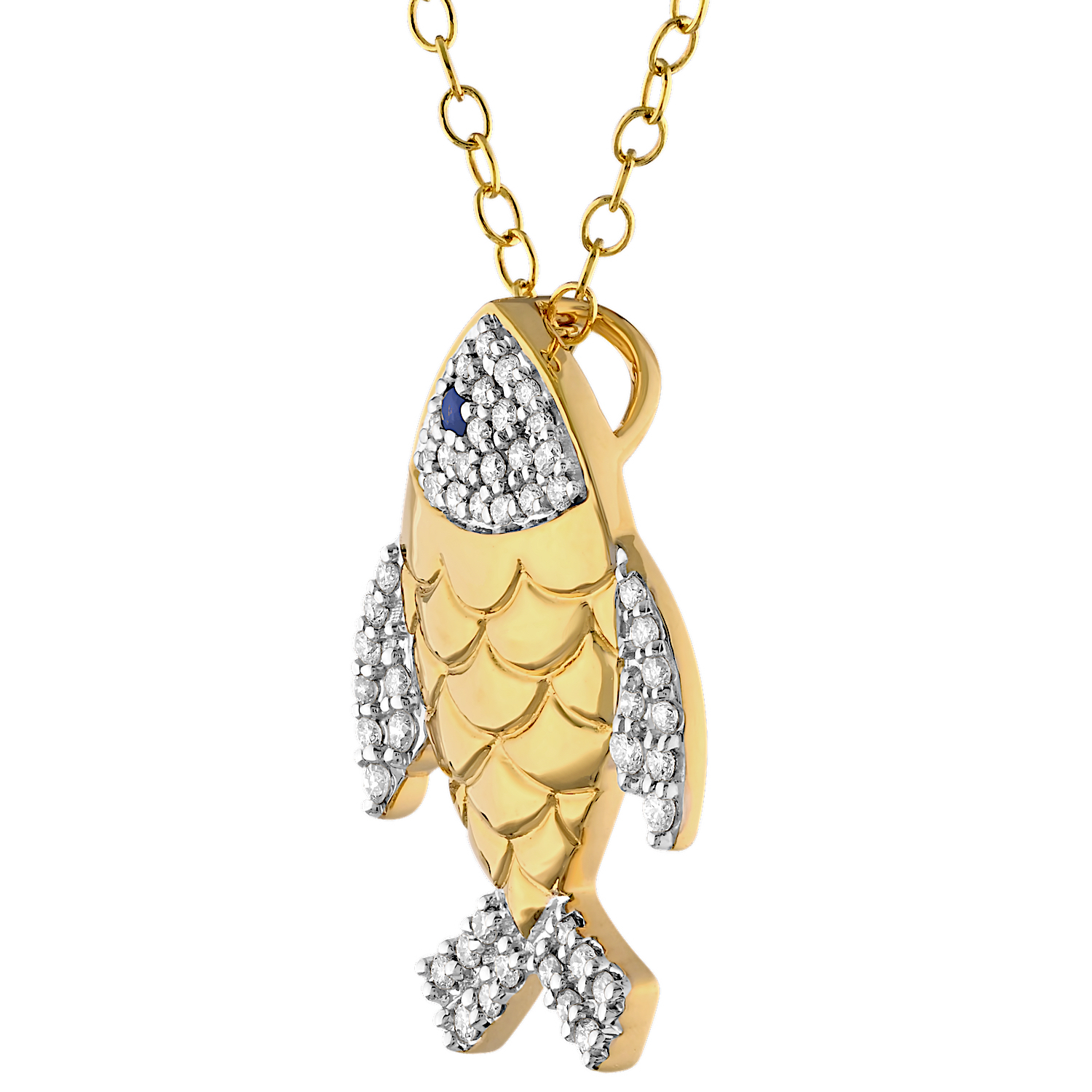Oceanity&trade; 14K Yellow Gold Pendant Fish with Pave Head, Tail & Fins Hidden Bail Diamond 0.23 Ctw