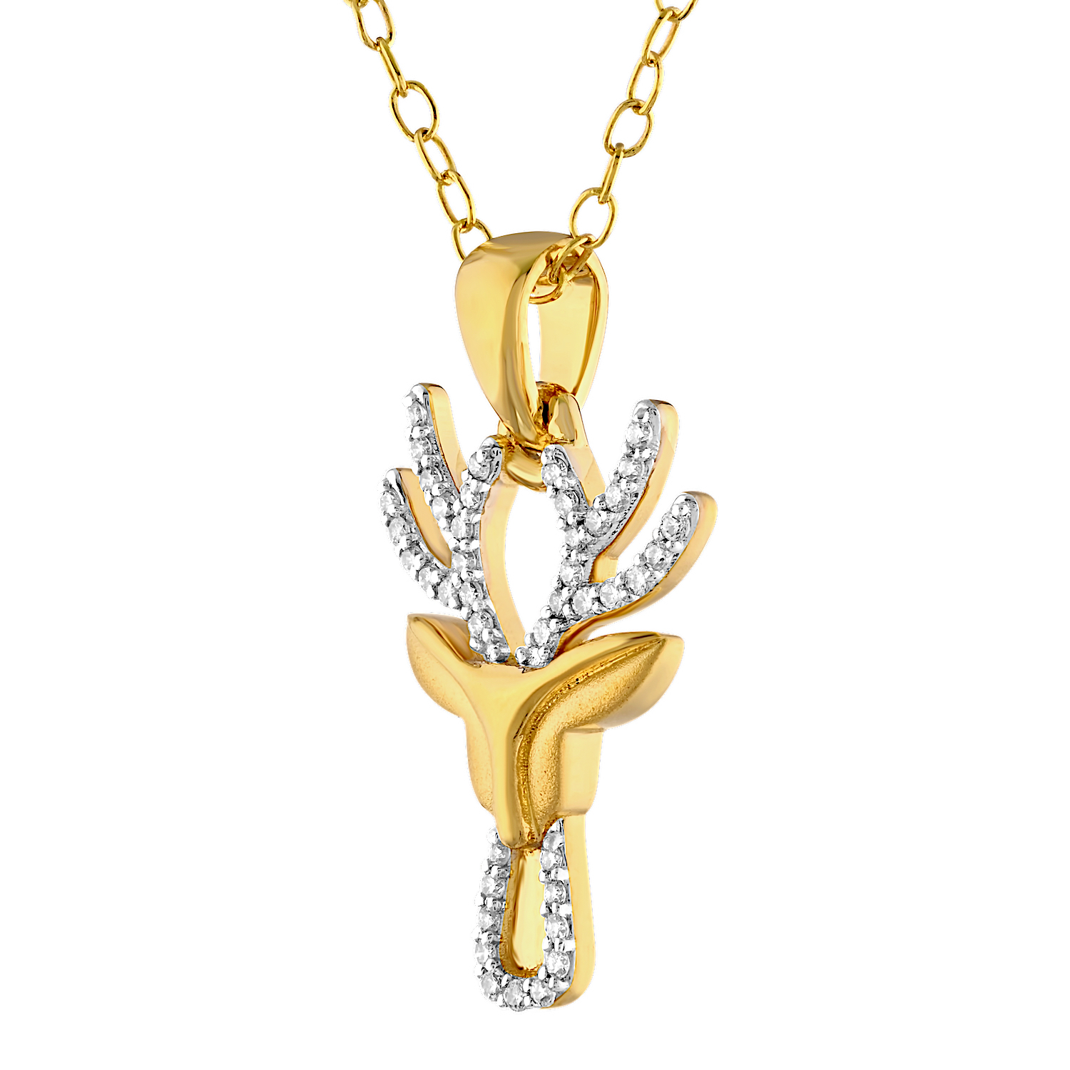 ZooLightful&trade; 14K Yellow Gold Elk Head with Antlers Pendant Diamond 0.15 Ctw