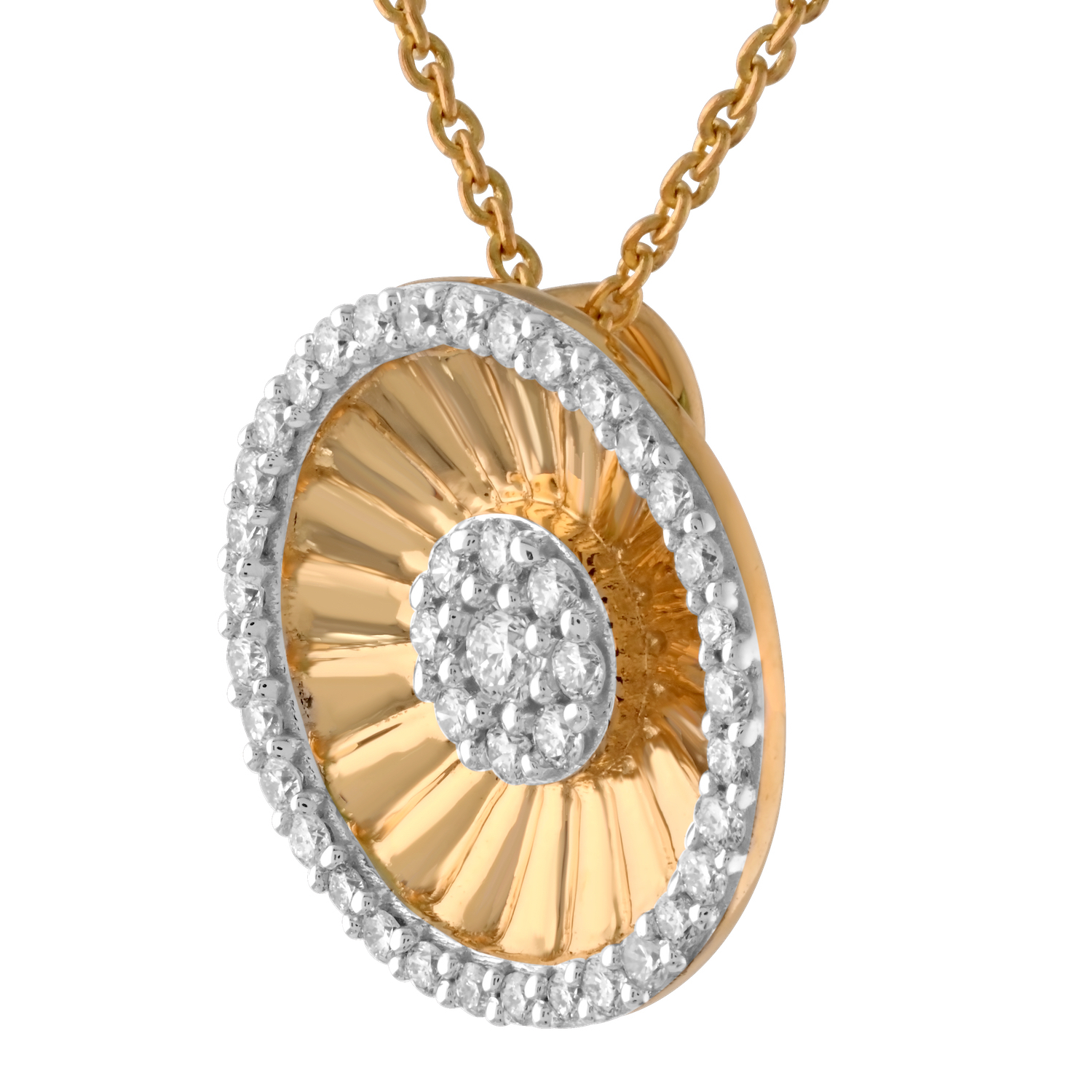 14K Yellow Gold Round Shape Fluted with Diamond Halo & Cluster Center, Hidden Bail Diamond Pendant 0.27 Ctw