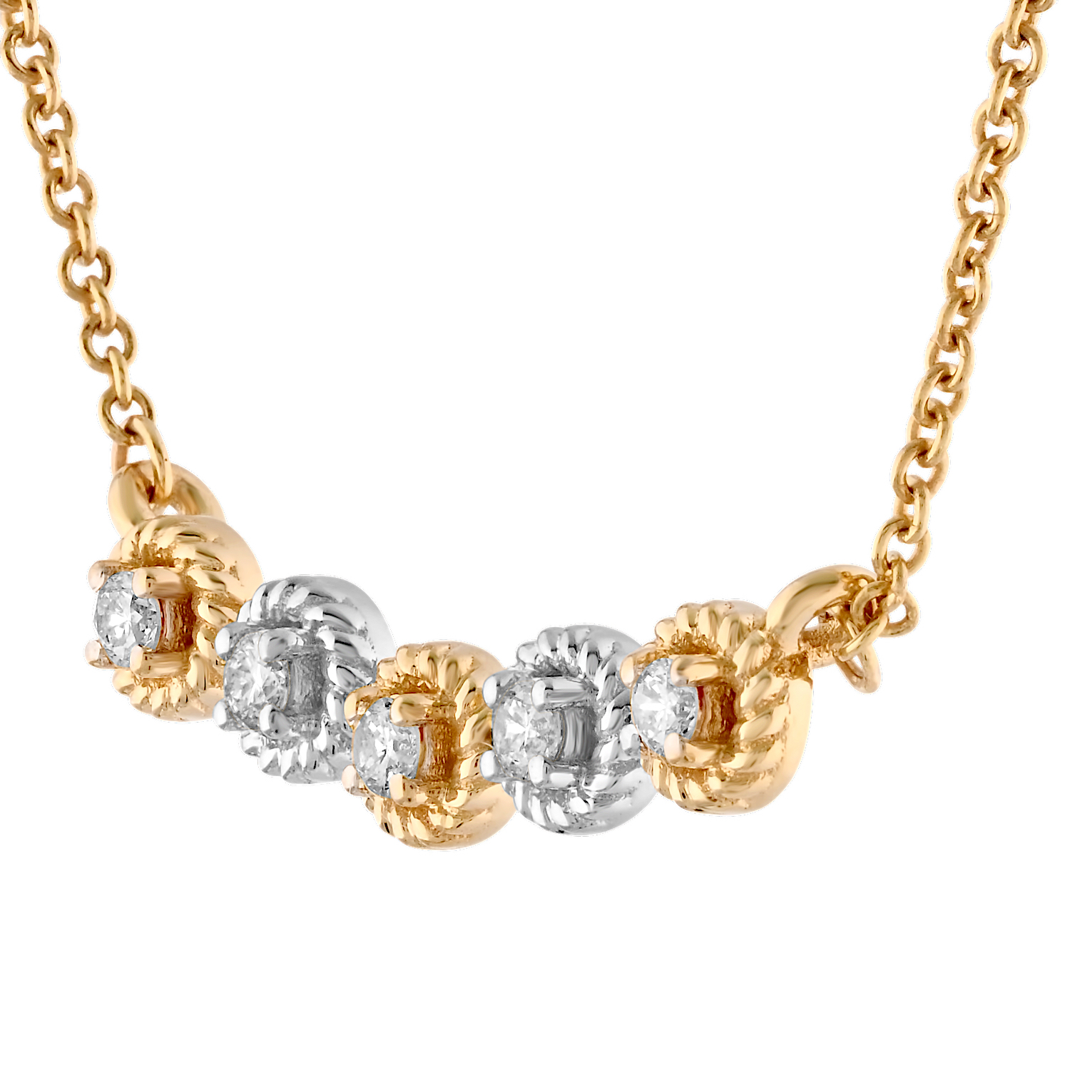 10K Two Tone Twisted Settings 5 Stations Diamond Necklace 0.10 Ctw