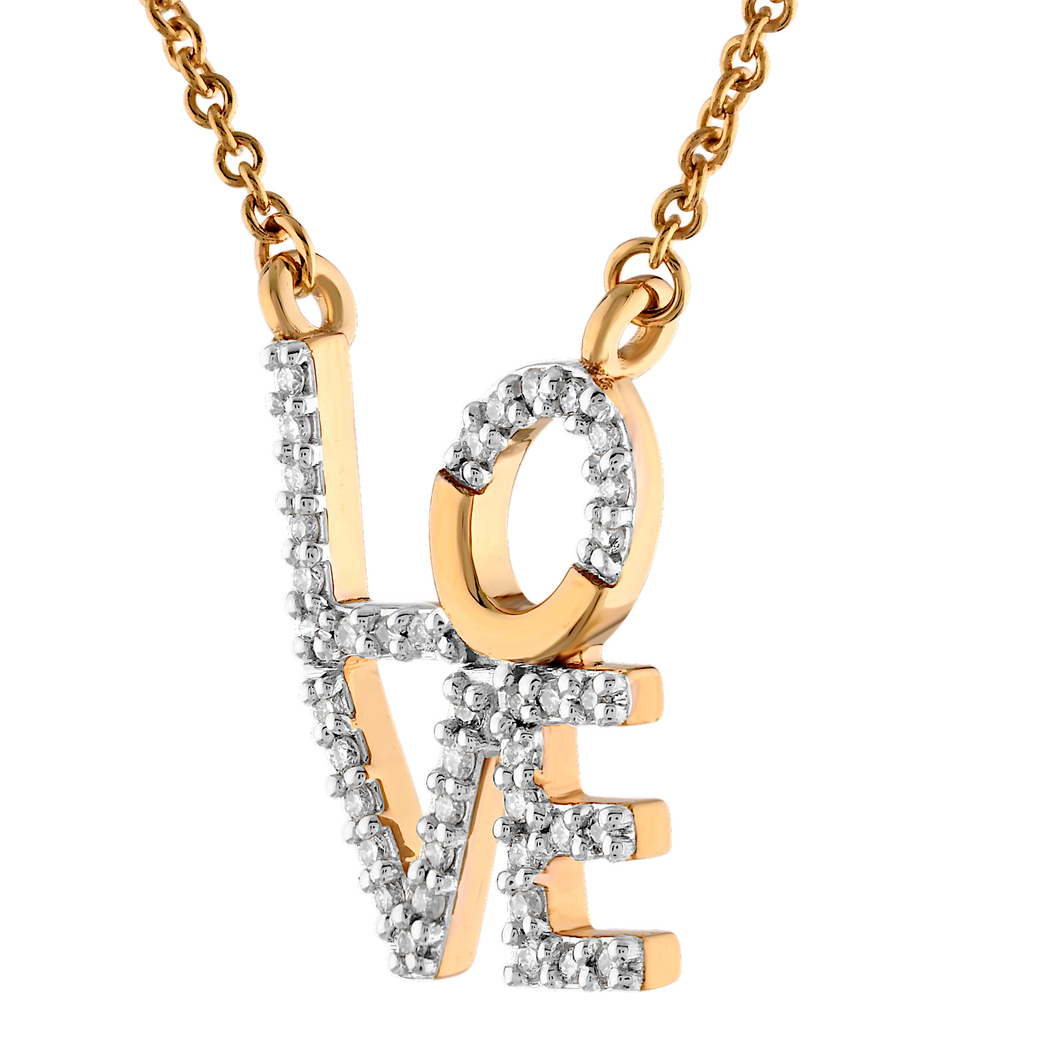 10K Yellow Gold Pave LOVE Capital Letters Diamond Necklace 0.12 Ctw