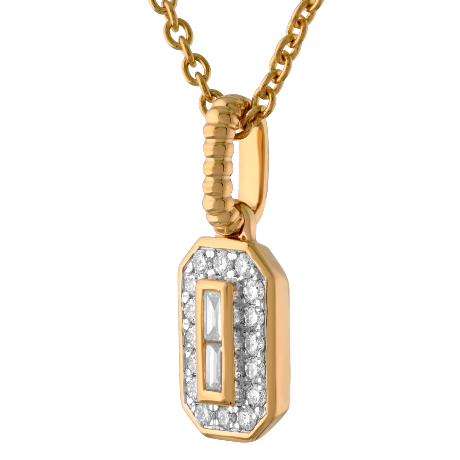 14K Yellow Gold Bezel Set Emerald with Halo Ribbed Bail Diamond Pendant 0.21 Ctw