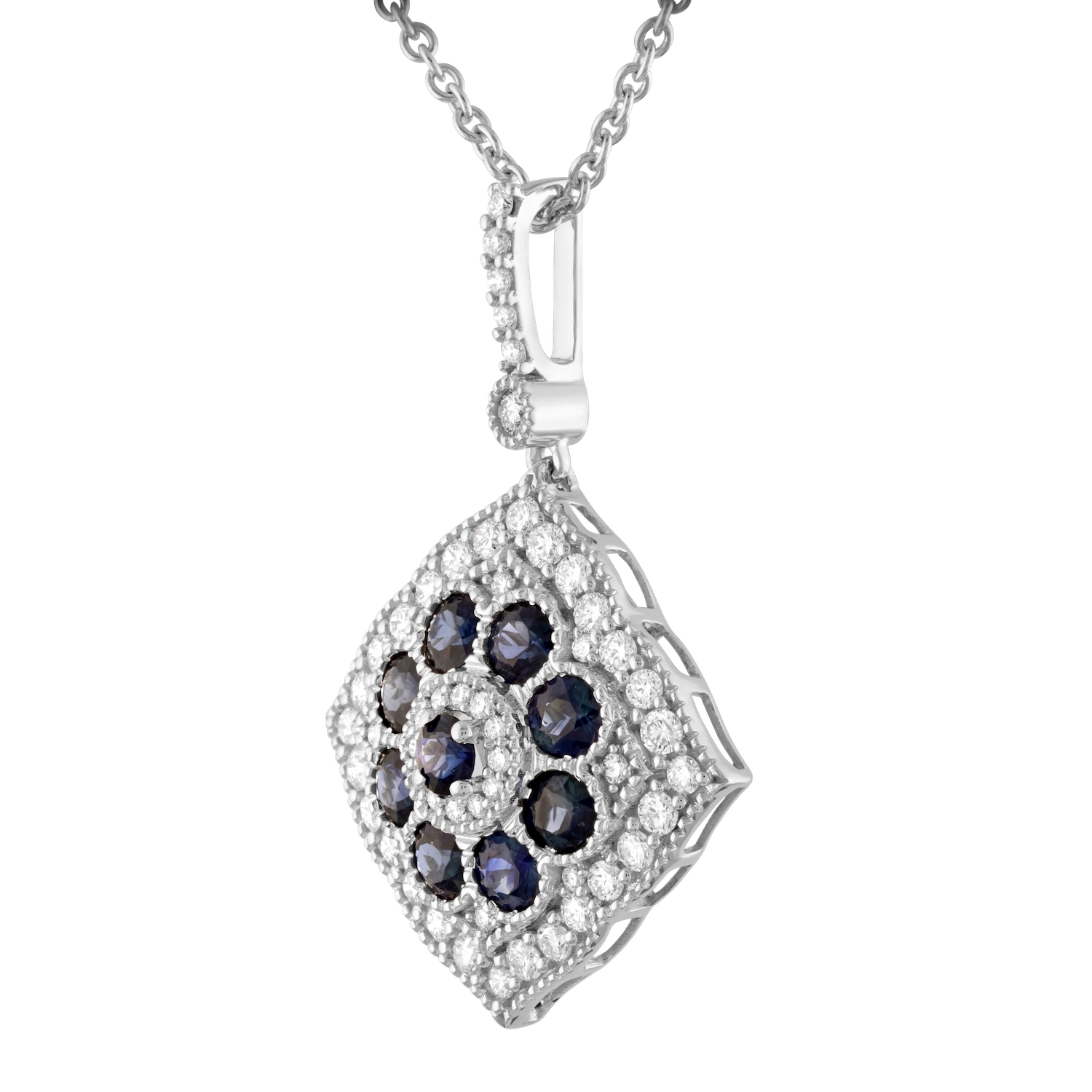 Majestic Gems&trade; 14k White Gold Offset Square Sapphire & Diamond Halo Blue Sapphire & Diamond 1.58 Ctw
