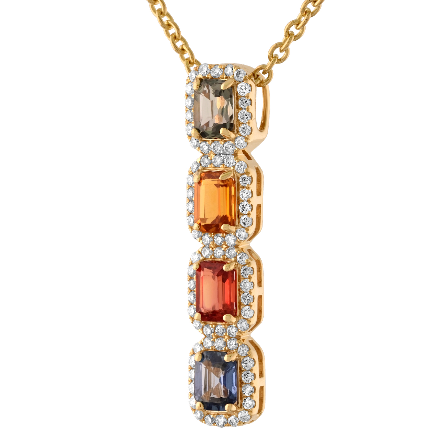 Majestic Gems&trade; 14k Yellow Gold Emerald Cut Multi Colored Sapphire w/ Diamond Halos Multi Sapphire & Diamond 0.98 Ctw