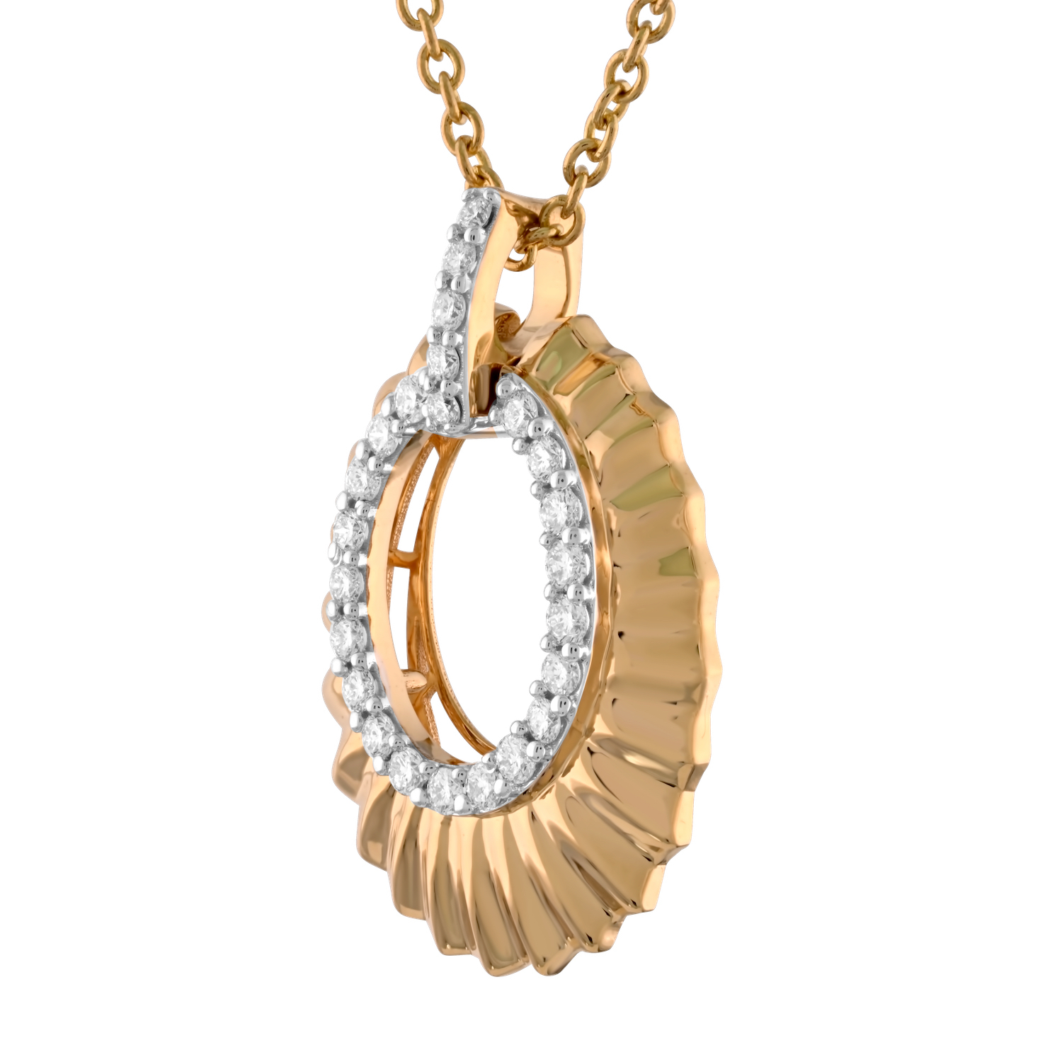 14K Yellow Gold Oval Fluted with Inner Halo Diamond Pendant 0.26 Ctw