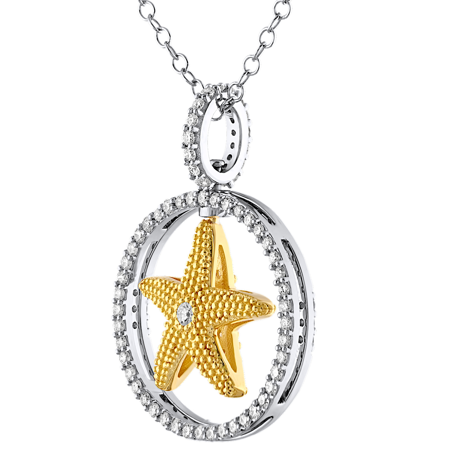 Oceanity&trade; 14K Yellow Gold Pendant Pave Circle with Starfish Drops Diamond 0.65 Ctw